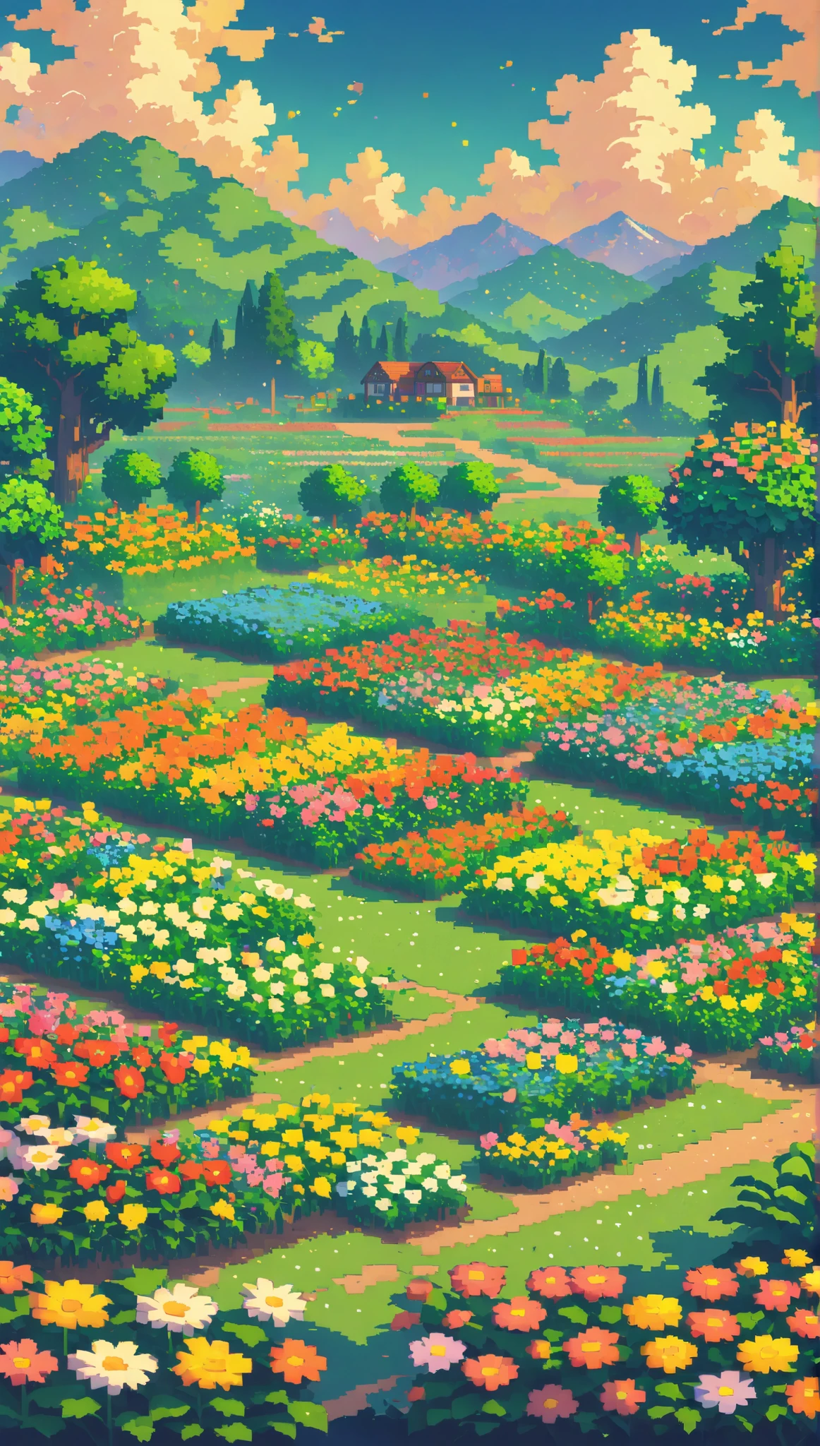 ultrawide landscape lofi stardew valley pixel, Flower garden, No people