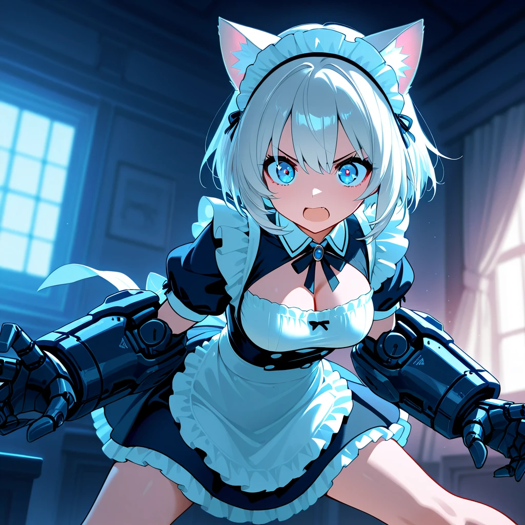 (8k, Realistic, RAW Photos, Highest quality, from below, looking down, watching at Viewer, Shooting from below,Angle from directly below,View your viewers: 1.3), (Fox Girl, Fox Ears, One Girl, Alone on the screen, dark skin, High definition, (boyish, Silver color very short hair), (Silver and blue odd eyes):1.4), とてもbeautiful, (Realistic Face), (maid apron, Clothes that are mainly black with red accents, Long skirt, Clothes with an open chest, (machinery suit, mecha musume):1.5), (Body measurements: 88-55-77!, Height is 145 cm, Nice body, Big Breasts, skirt hold, slender, Accentuate the cleavage:1.6), Standing posture, A brilliance that captivates the viewer, beautiful expression, beautiful breasts, (Realistic Skin), beautiful...