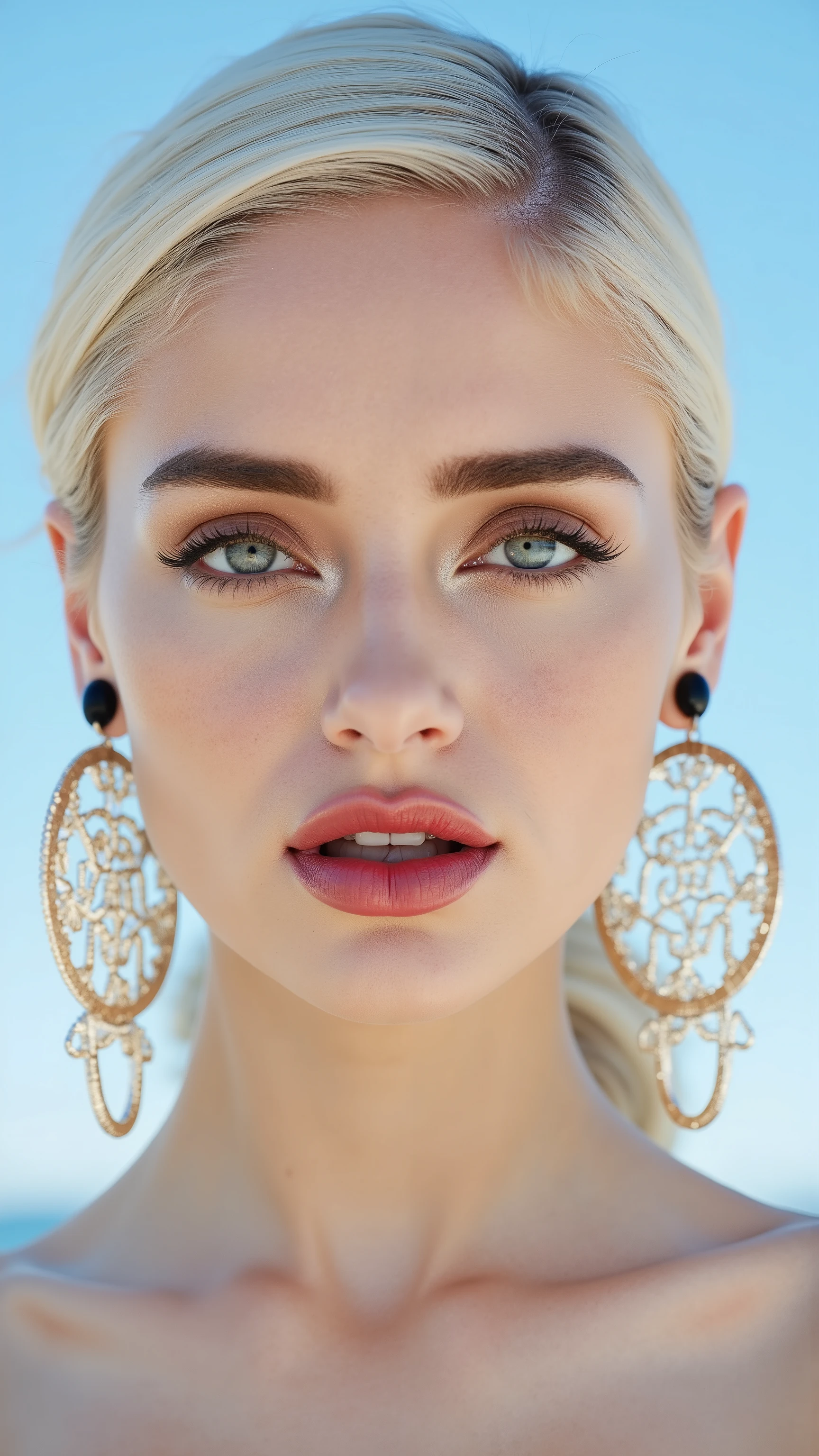 A hyper-detailed, avant-garde facing forward shot photograph featuring a striking woman with pale light skin against a clear, light blue sky. Her nude high-angle mid shot highlights the smooth texture of her flawless complexion. Shimmering metallic eyeshadow enhances the depth of her piercing gaze, while her glossy, deep red lips create a bold contrast to her skin. Large, intricately detailed golden hoop earrings reflect light, contributing to her modern allure. She is fully naked The reflective surfaces of her earrings and outfit create a dynamic interplay with the environment, emphasizing her sleek presence. The minimalist background allows the viewer to focus on her eye-catching fashion and makeup. Captured with a Sony A7R IV camera and a 50mm f/1.2 G Master lens for a beauty editorial shoot, this composition highlights her fashion-forward aesthetic. Inspired by avant-garde fashion photography from Sølve Sundsbø, this image blends contemporary fashion and minimalist elegance, embodying mythp0rt and niji_flux styles for a sleek, high-fashion vision. ((glow_skin, iridescent skin, oily skin, portrait)). ((no logo))