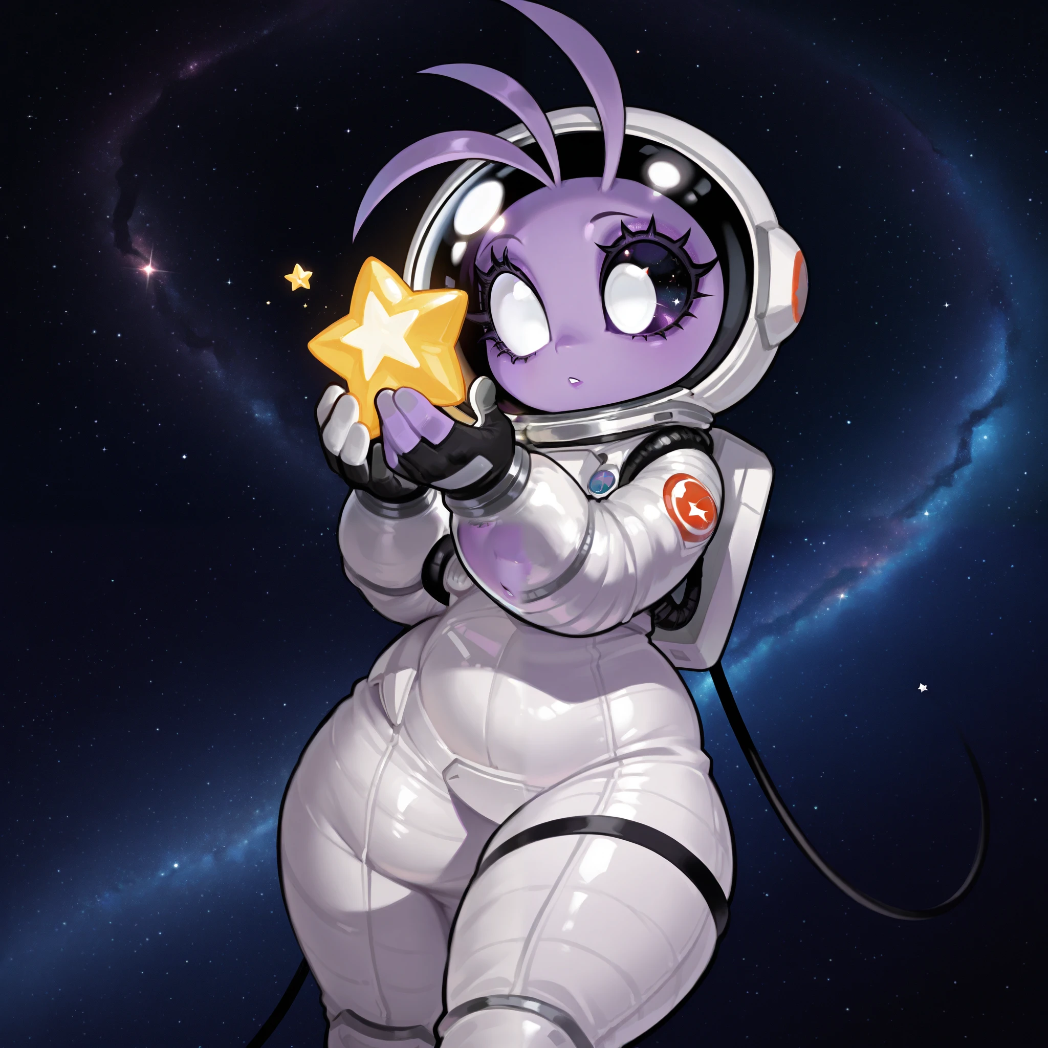 Alien, one white eye, one black eye. Thick lashes. One Antenna, purple skin, curvy, spacesuit, space helmet, stars, cute, solo, holding star