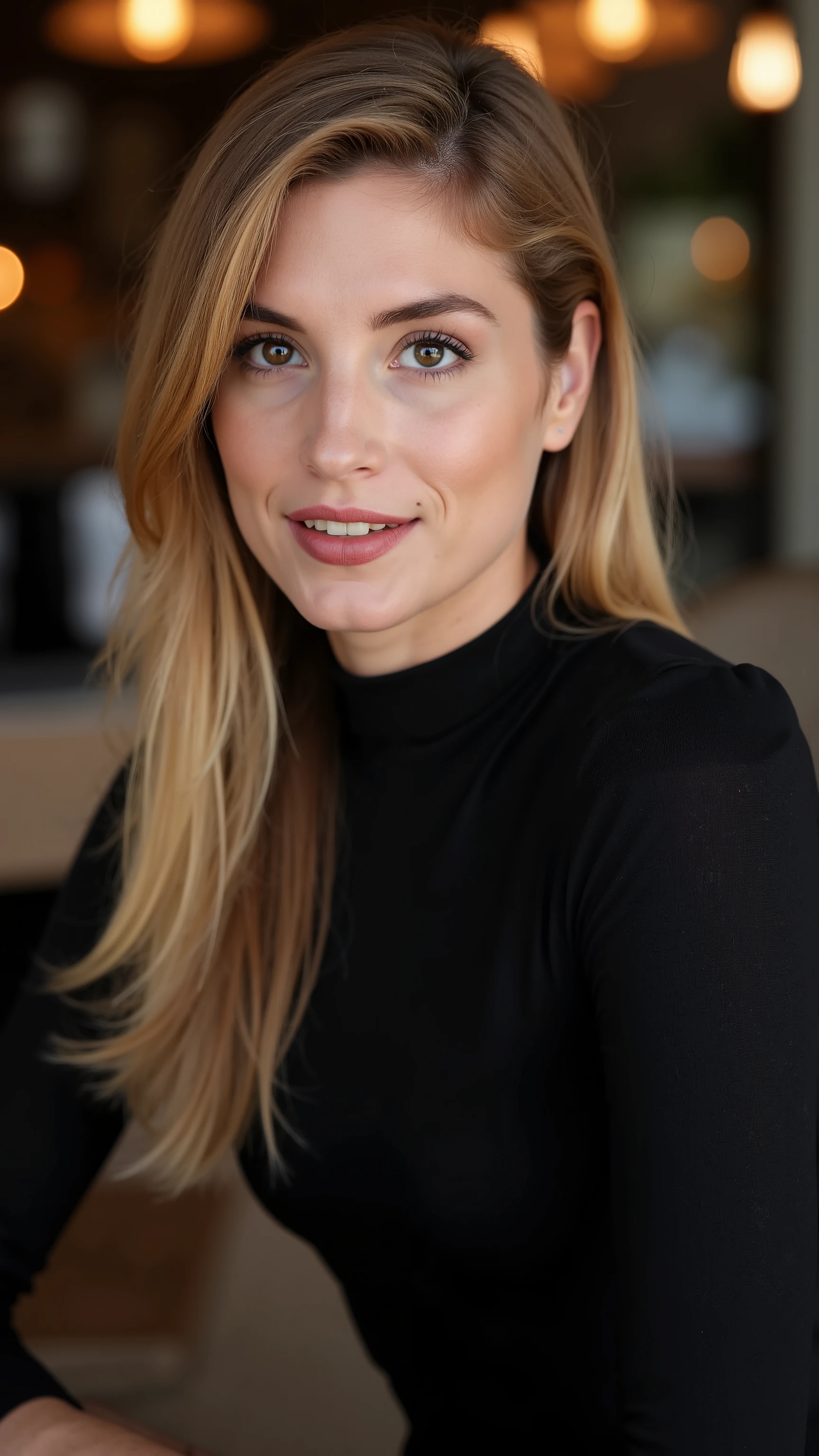 This is a beautiful  closeup photograph of a woman, she has long straight blonde hair swept to one side and dark blue eyes.  Wearing a form fitting  black dress,  Sitting in a cafe. Flirting at the viewer. Smile, Captured with a Sony A7R IV camera and a 50mm f/1.2 G Master lens for a beauty editorial shoot, this composition highlights her fashion-forward aesthetic. Inspired by avant-garde fashion photography from Sølve Sundsbø, this image blends contemporary fashion and minimalist elegance, embodying mythp0rt and niji_flux styles for a sleek, high-fashion vision. ((glow_skin, iridescent skin, oily skin, portrait)). ((no logo))