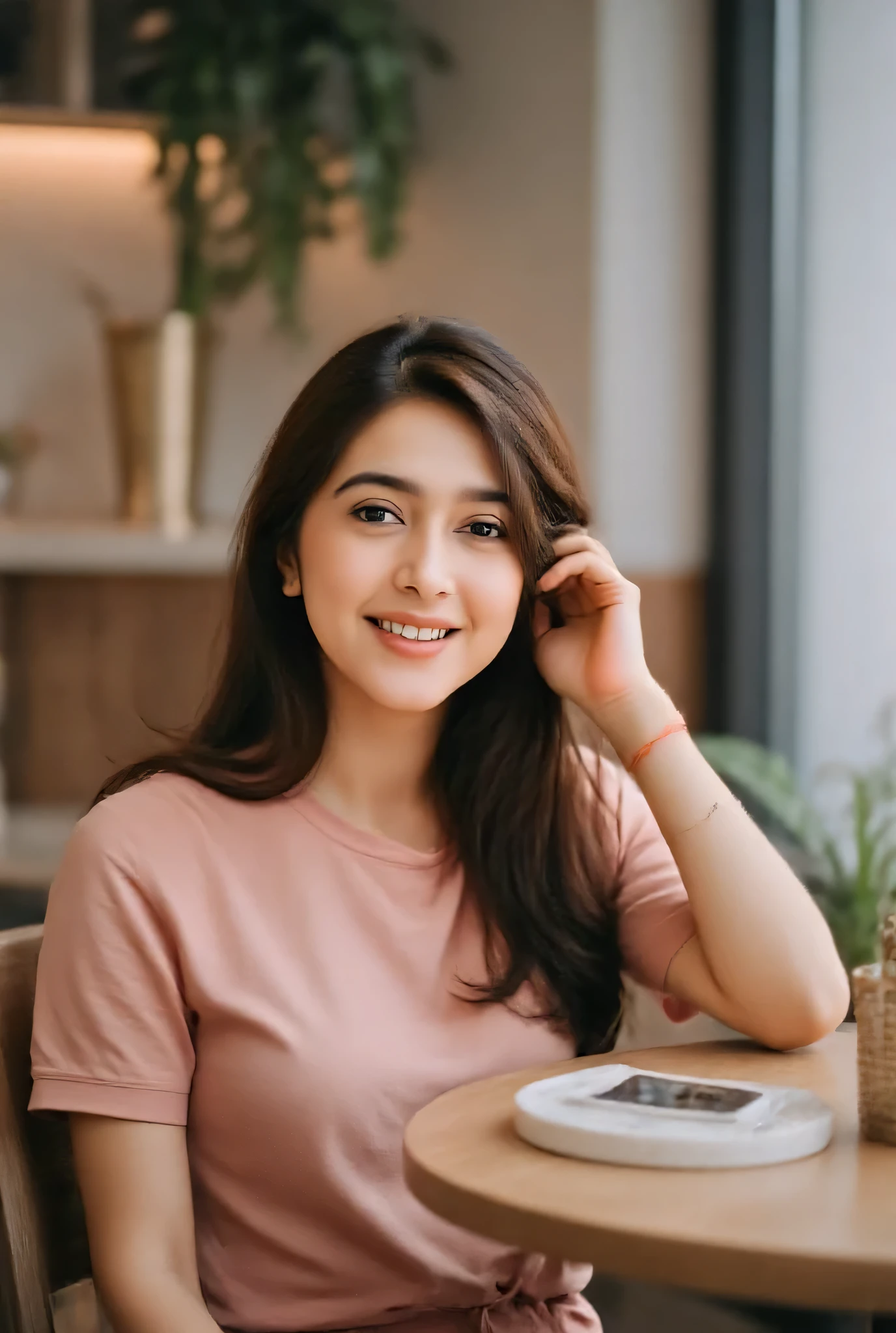 Realistic portrait, One afternoon in a coffee shop, a girl sat near the window, looking beautiful in the clothes she was wearing, she was wearing modern clothes, she sat holding her head with one hand, looking and smiling sweetly, high quality, realistic, best quality, beautyful face.