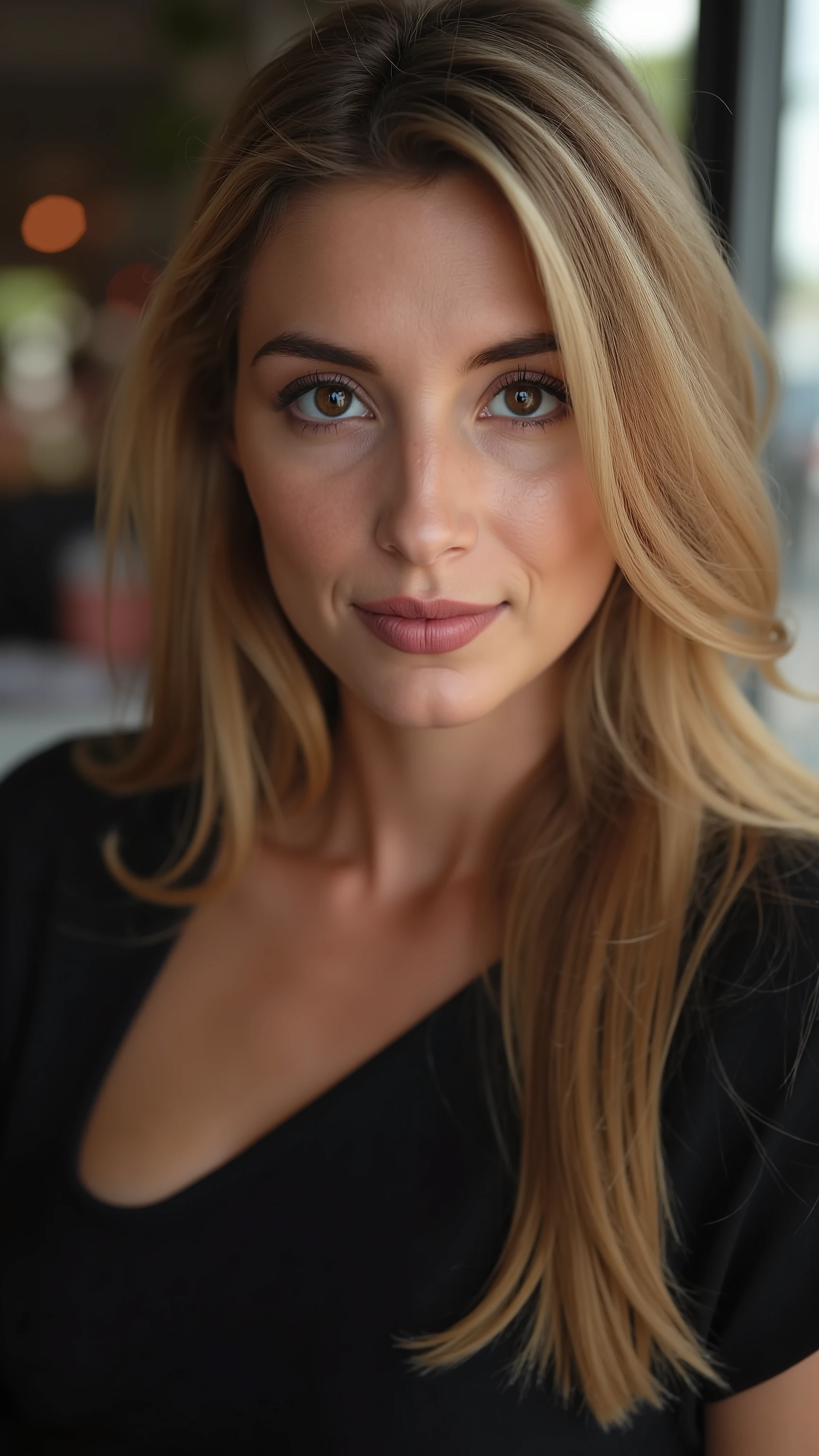 This is a beautiful  closeup photograph of a woman, she has long straight blonde hair swept to one side and dark blue eyes.  Wearing a form fitting  black dress,  Sitting in a cafe. Flirting at the viewer. Smile, Captured with a Sony A7R IV camera and a 50mm f/1.2 G Master lens for a beauty editorial shoot, this composition highlights her fashion-forward aesthetic. Inspired by avant-garde fashion photography from Sølve Sundsbø, this image blends contemporary fashion and minimalist elegance, embodying mythp0rt and niji_flux styles for a sleek, high-fashion vision. ((glow_skin, iridescent skin, oily skin, portrait)). ((no logo))