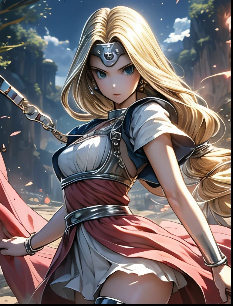(((SFW、Accuracy、Highest quality、 A first-class masterpiece 、 Normal body 、8k、 detailed face 、 super precision 、 Normal Hands 、5 fingers、Highest)))、" dragon quest 6"、Mireyu、 Blonde、 Straight Long Hair、Big Breasts、 slender、transparent sheer sheer clothes、shabby tattered slave clothes that are about to tear、 underwear transparent transparent mini skirt、 CIRCLET 、ChainRead、Chain Home、handcuffs、The Fall of Slaves、ruins、Slam、Underground Prison