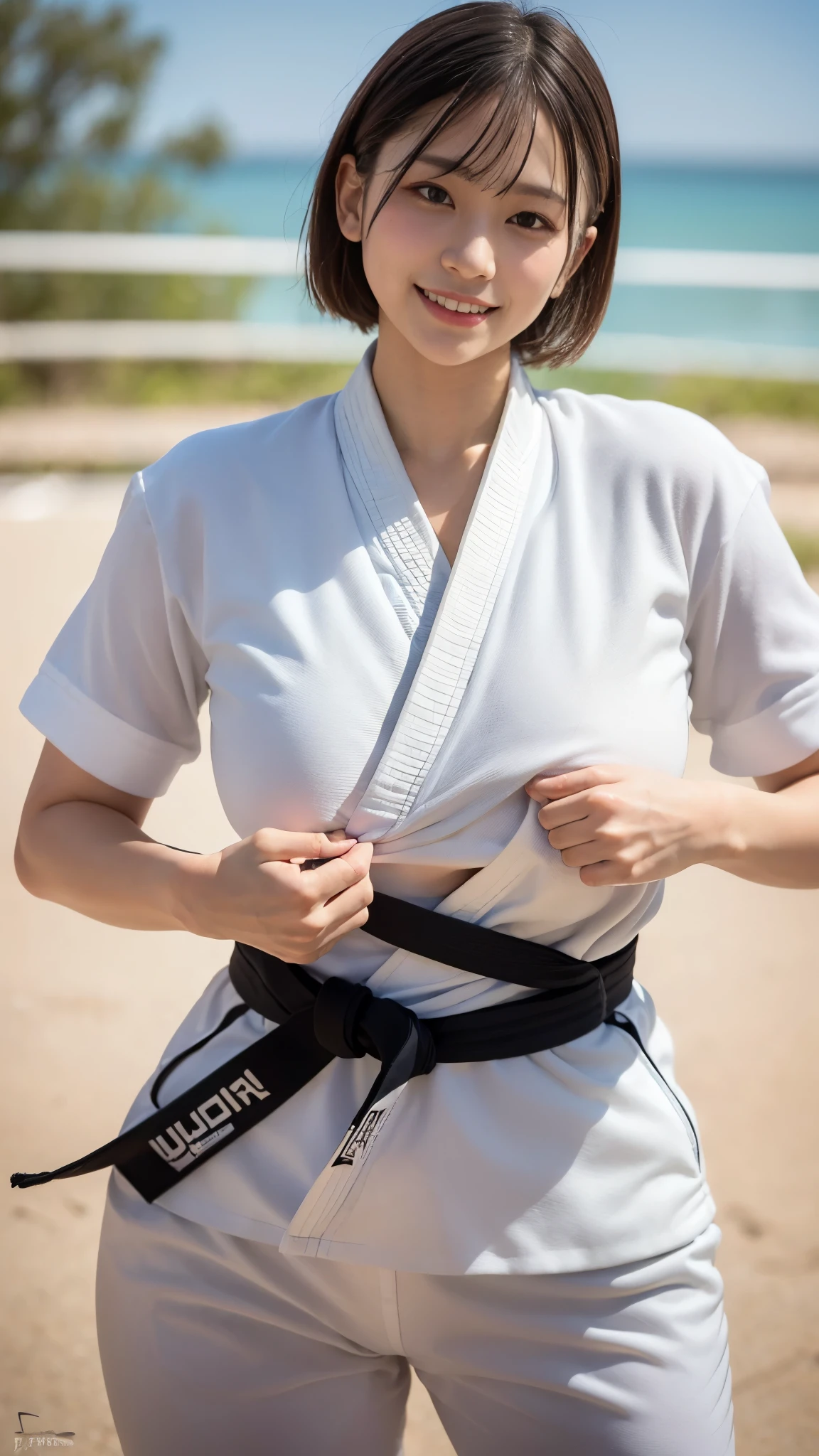 (8k、RAW Photos、Highest quality、masterpiece:1.2)、(Highest quality、Realistic)、1 Girl、((ガーターbelt、Japanese clothing、Arm Covers、Ninja costume、mini skirt、black、tights、Belly button、Gloves、belt、ponytail、See-through、Thin legs、whole body、boots、City of night、View from the front、Looking into the camera、Stand with hands on hips))、cute