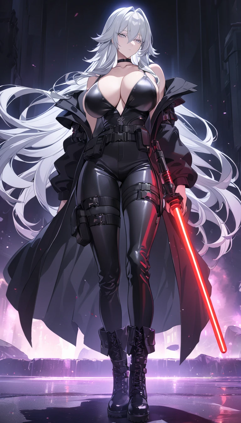 1girl,asymmetrical hair,bare shoulders,black eyes,black gloves,black hair,black leotard,black thighhighs,breasts,bubble,coat,detached collar,fur-trimmed coat,fur trim,glint,gloves,groin,hair between eyes,hip focus,lace trim,large breasts,leotard,lingerie,looking at viewer,multicolored hair,off shoulder,parted lips,red eyes,short hair,solo,symbol-shaped pupils,thighhighs,thighs,two-tone hair,underwear,white hair,x-shaped pupils
