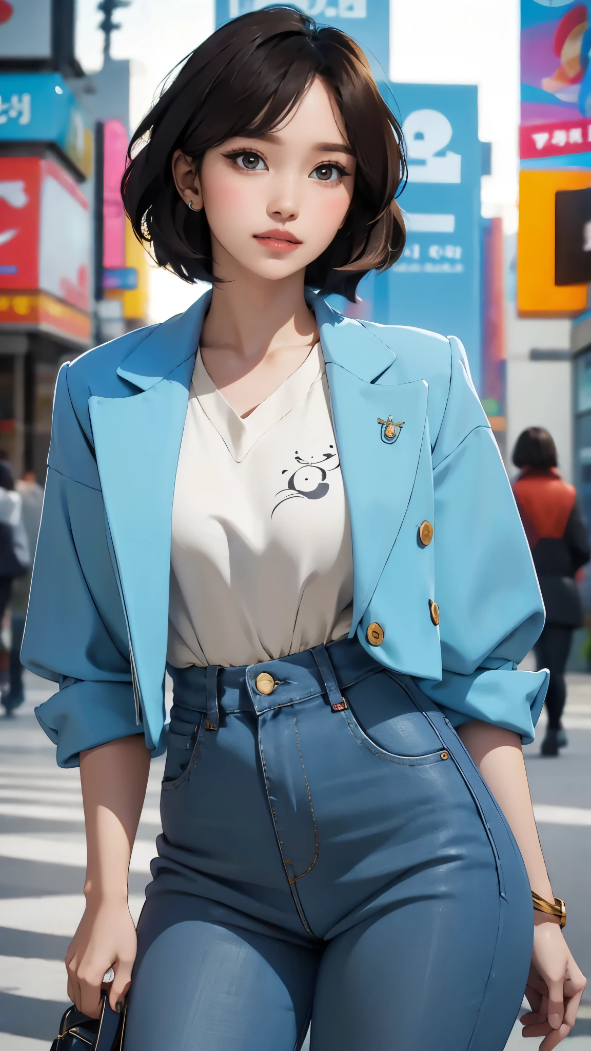 (masterpiece, best quality), beautiful woman, cute printed cropped shirt, jacket, jeans, short wavy hair, headband, asymmetrical bangs, perfect face, beautiful face, alluring, big gorgeous eyes, soft smile, perfect slim fit body, city streets, seoul, bright colors