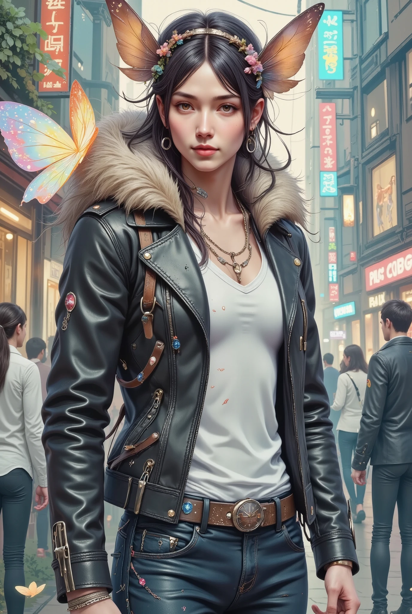 "  An attractive young man walks through the crowds streets of a big city at dusk  .  radiates confidence and charisma  .,  and his style combines urban chic with a touch of rebellion  . ,  that resembles melted lollipops  , They slowly surround the boy  .  Their bodies shine like soap bubbles  .  The boy's face chiseled chin with a light and incipient beard  . deep,  expressive eyes that seem to contain a world Integer of Secrets  . ,  slightly fleshy lips curving into a thin  , mysterious smile.  slightly disheveled dark hair  ,  that fall carelessly on his forehead  .  The boy wears a tight black leather jacket with silver zippers and a slight sheen.  A simple white t-shirt with a V-neck that accentuated his muscular figure  . , narrow-cut dark jeans  , slightly worn, , , giving them a worn look  , sharp look.  Black military boots with silver buckles give his look an austere look  .  A silver chain that shines in the twilight complements his appearance general  .  The boy's accessories Vintage silver wristwatch with leather strap  .  Several silver rings on his fingers give him a special style  . a small, }  a discreet earring in his left ear gives him a rebellious look  . Toga Himiko