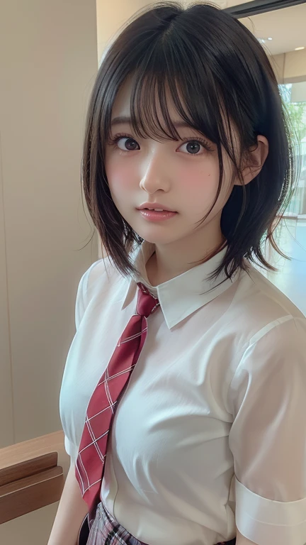 (masterpiece, Best Quality:1.2), 8K, 18 years old Japanese girl, 85 mm, Official art, Raw photo, Pretty Face, close up, face focus, cute Girl, Cinch waist, beauty thighs, soaking wet, sweat, large breasts, student uniform, serafuku, white shirt, short sleeves, sailor collar, red ribbon tie, navy pleated skirt, on all fours, at the airport security check, Looking at Viewer, No makeup, (crying, sad, confused :1.3), Film grain, chromatic abberation, Sharp Focus, face lights, clear lighting, Teen, Detailed face, Bokeh background