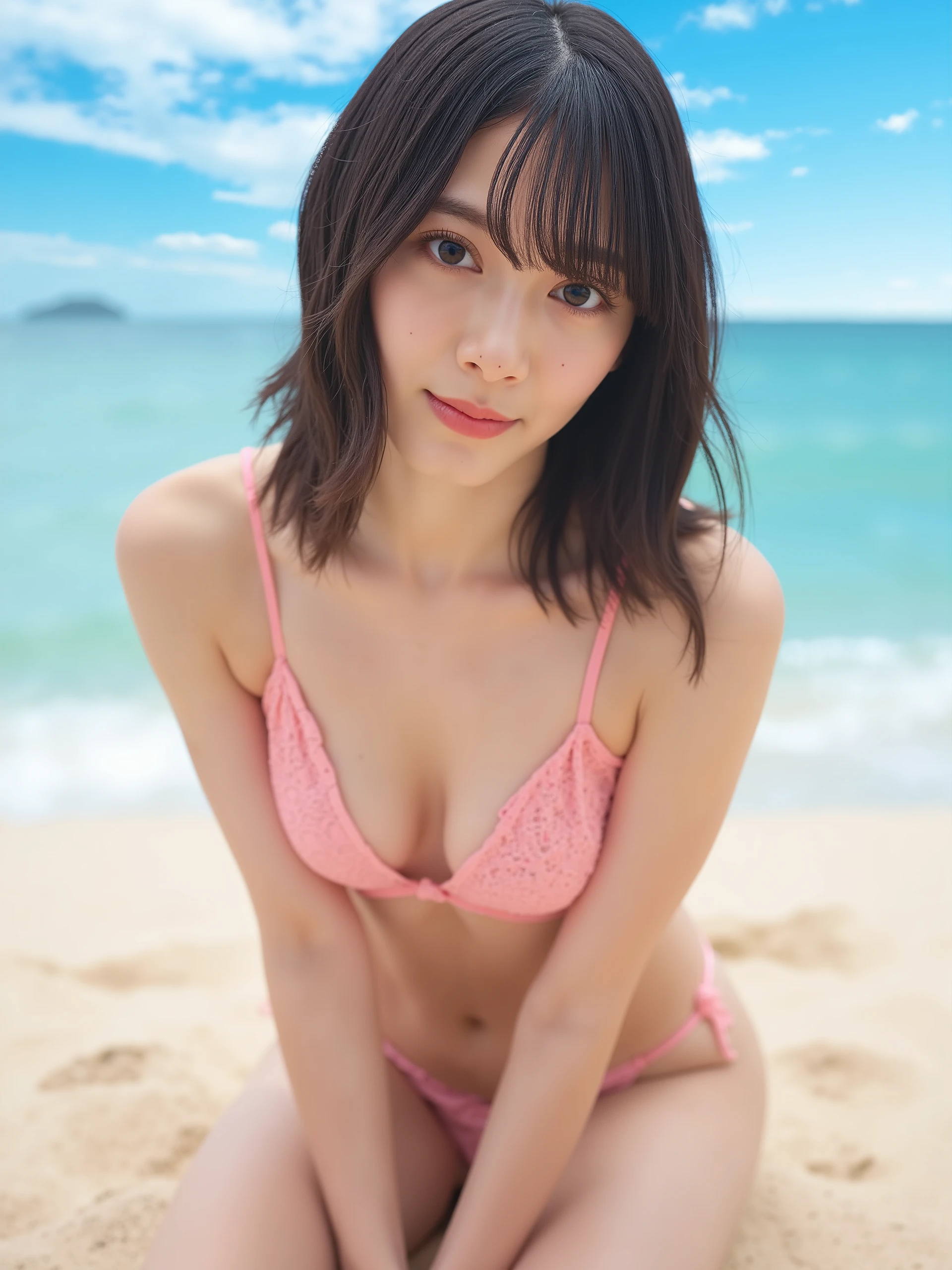 High resolution photo of Japanese actress, (Real, Photoreal: 1.2), (Top Quality, Masterpiece), Raw photo, Exquisite detail, Highly detailed, Highly detailed, Sharp focus, (Full body, Front shot: 1.4), {{x}} looking at camera, alone, alone girl, posing for sensual photo, Sensual pose, ((Cherry pink micro bikini)), Large breasts, (Dark brown medium length hair with bangs), (Detailed face, Beautifully detailed eyes, Beautiful black eyes, Polished nose), (Standing on sandy beach), Perfect anatomy, Perfect hands, Photo background, Outdoors, Sandy beach, Blue sky and clouds,