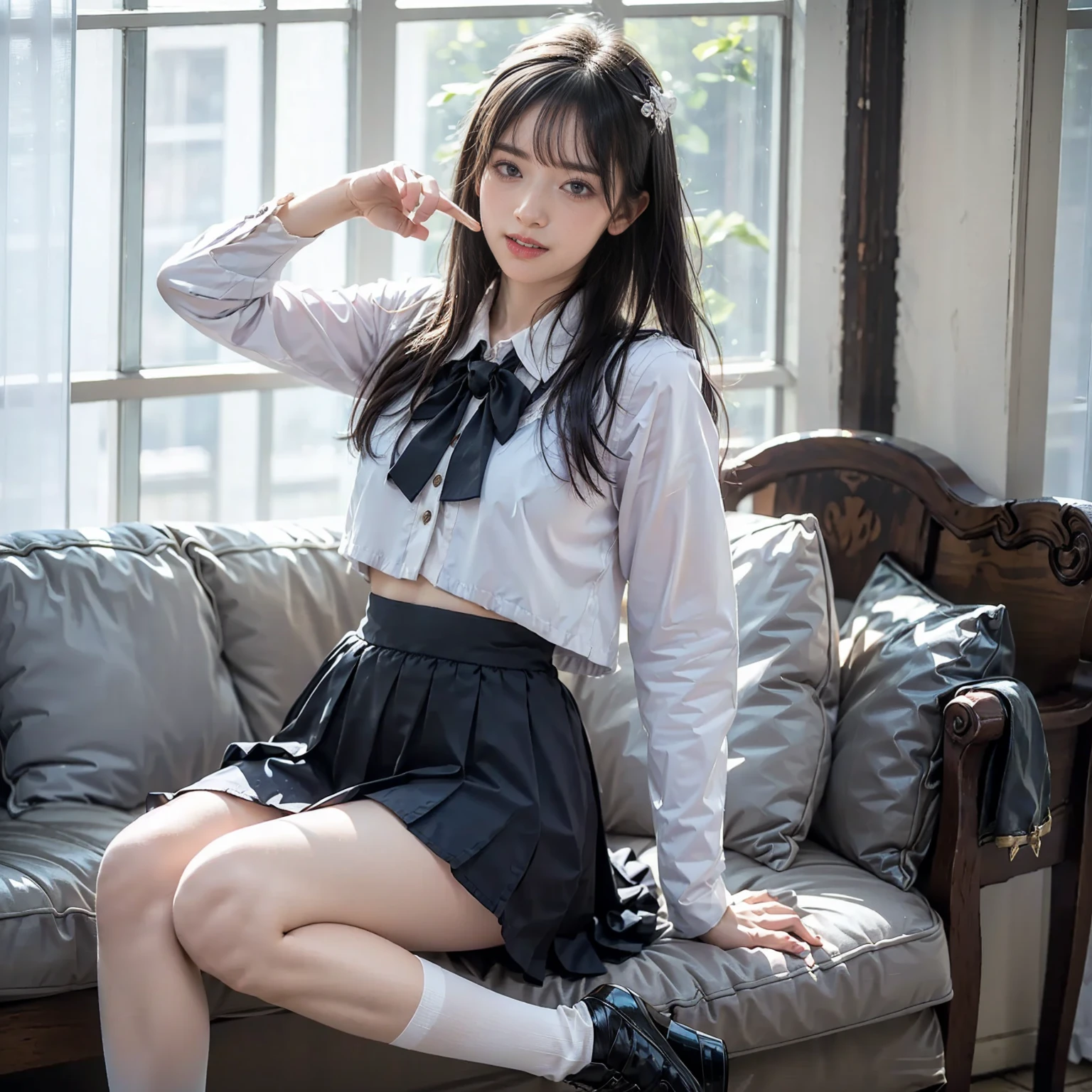 High angle shot, centered view,arafed asian woman in a short skirt and bow tie sitting on a train, cute schoolgirl, japanese girl school uniform, wearing japanese school uniform, japanese school uniform, a hyperrealistic schoolgirl, dressed as schoolgirl, hyperrealistic schoolgirl, wearing school uniform, realistic schoolgirl, girl wearing uniform, wearing a school uniform, of a schoolgirl posing, full body, nice skin, glowing skin, nice thighs,glowing thigh, glowing legs, barefoot