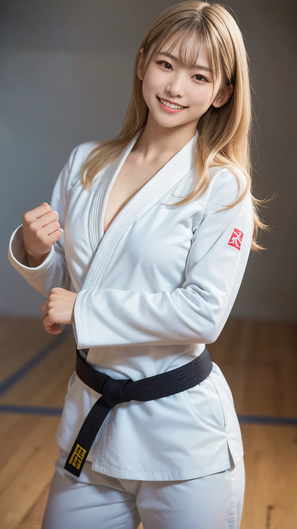 best quality ,masterpiece, super high definition,High-definition RAW color photo, bathed in gentle sunlight, professional photography, natural skin texture , fine skin, hyperrealism , smiles,big breasts, Blonde Long Hair,(Judo athlete, white judo suit ,black belt ),(minimal background ), Shrimp(fighting stance)
