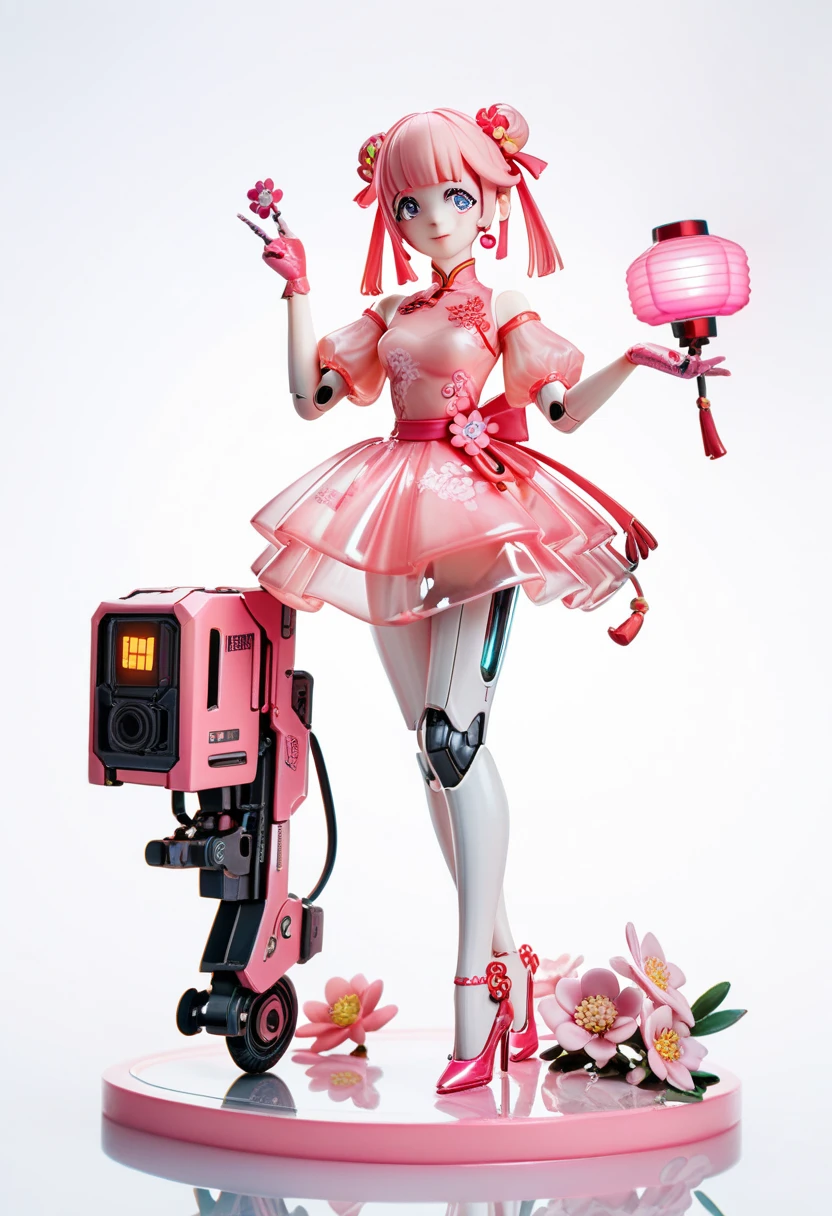 ( blind box toy style :1.2), full body, Alone, white background,( transparent pink peach flower dress, Female robot wearing gloves and high heels ),(Chinese colors,Very colorful), cyberpunk, Dreamy sparkle, Glowing neon lamp,3d
