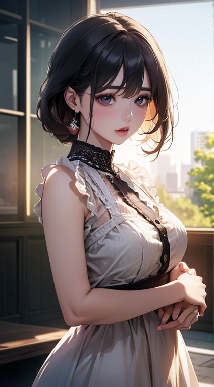 absurdres, RAW photo, extremely delicate and beautiful, masterpiece, Best Quality, ultra high resolution, 32k, hyperrealistic, ultra-detailed, in her 20s, delicate facial features, tearful mole, earring, medium breasts, full body shot, shorter middle hair, black hair, strapless, white shirt, short, snapback hat,