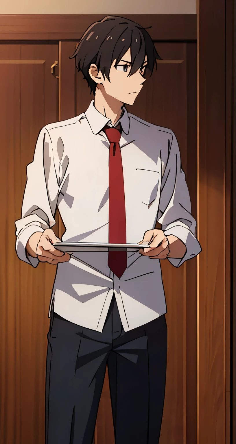 Anime boy, wearing white shirt, red tie, black pants, boy standing side face, looking side