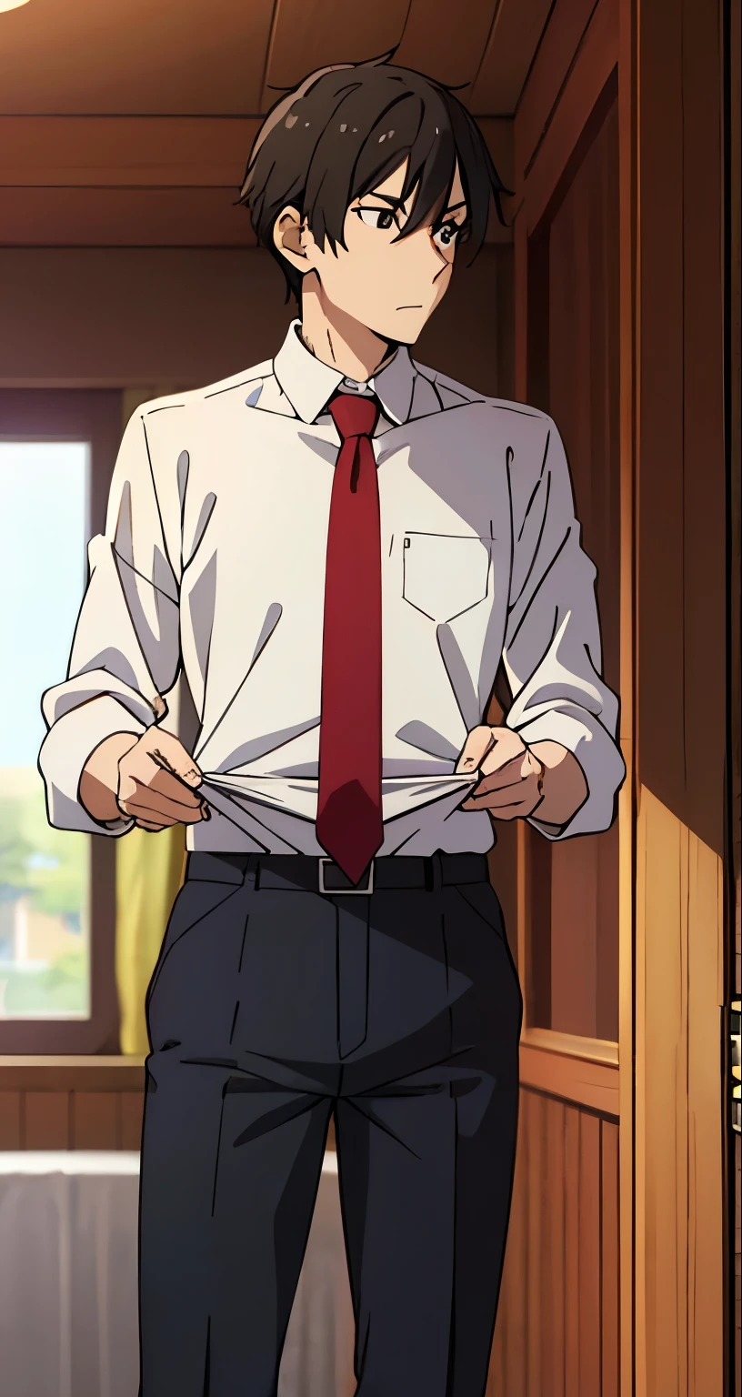 Anime boy, wearing white shirt, red tie, black pants, boy standing side face, looking side