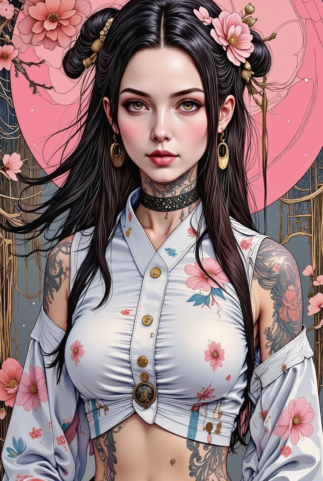  a woman with tattoos and a flower in her hair ,  wears twin circles , plush ,  Hair ornaments ,  long false eyelashes , rosy cheeks,  Thick and plump lips ,  shiny and kissable lips ,  clothes white transparent dress ,  without showing private parts ,  wears white underwear,  background wall of pink flowers of various colors, oriental tattoos, ink style,  Japanese art style ,  anime character ;  full body art , skinny yakuza girl, tattoo style, Geisha tattoo ,  beautiful body and face detailed ,  highly detailed full body art , Inked,  body covered with floral tattoos ,  Extremely detailed woman ,  incredible painting ,  neotraditional tattoos 
