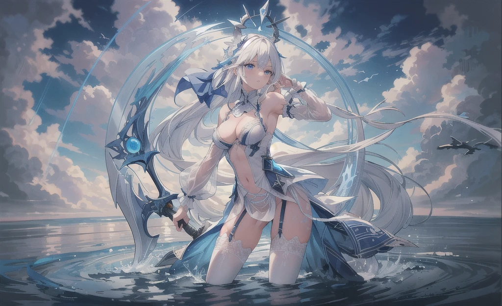 Beautiful woman, cute, A dignified expression, smile, Transparency, gem, ponytail, Forward Shorthair, Black Hair, Blue Hair, Silver Hair, flower, Cool, blue sky, The wind is blowing, Gradient Hair, Ray Tracing, reflected light, Anime Style, masterpiece, Highest quality, Anatomically correct, Accurate, Super Detail, High resolution, Pink Lips, A slender, feminine face, White skin, Beautiful night view, The face is facing straight ahead, not turning left or right, Fantasy, No nostrils, Head to leg, Swimwear, light blue