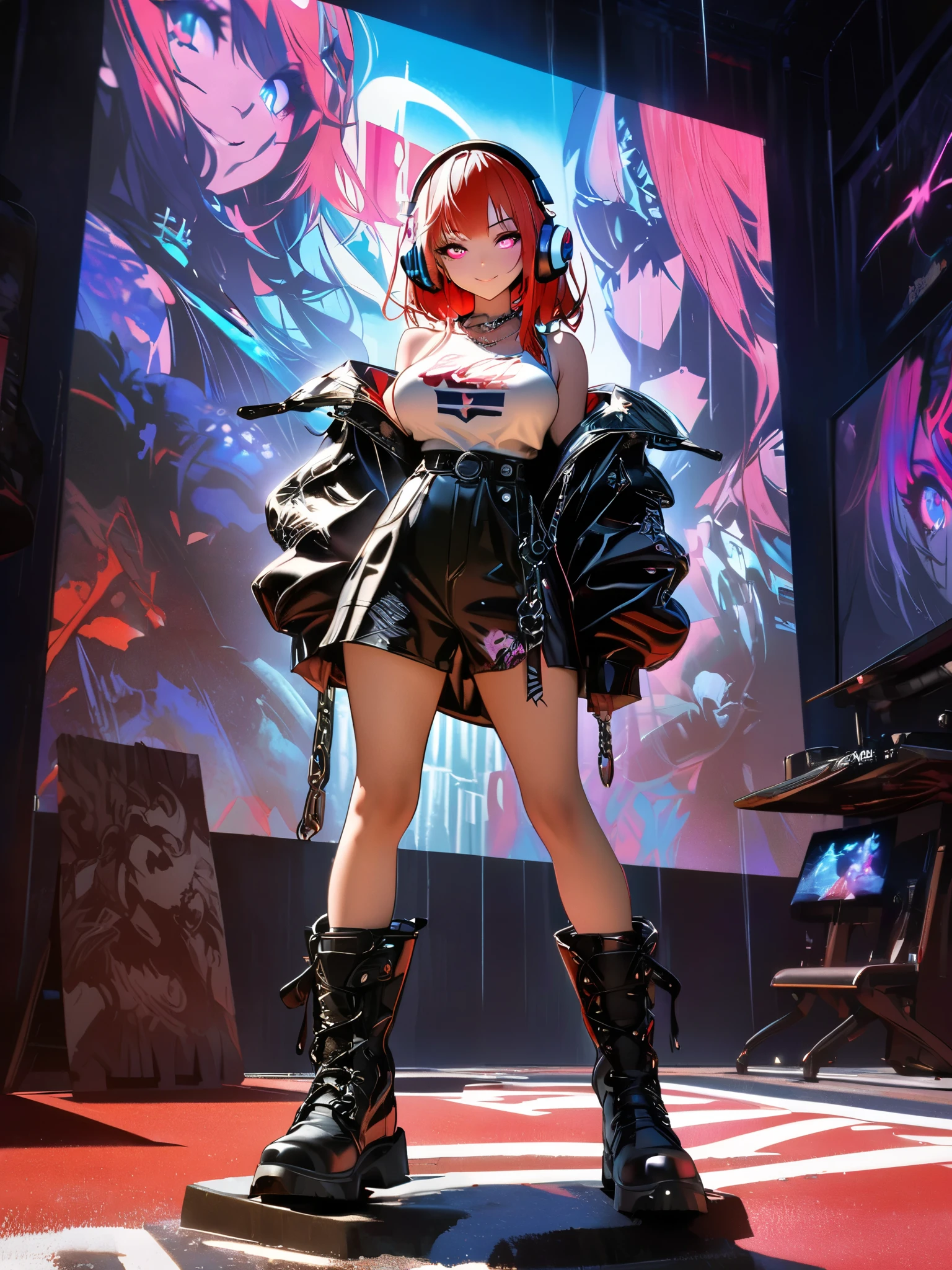 woman, curly red pixie cut hair, green eyes, wearing crop top black shirt, long black jacket, red plaid skirt, (black knee high boots), black fingerless gloves, exposed shoulders, (full body), large breasts freckles, cleavage, abs, looking at viewer, masterpiece, best quality, an14, Holo-Punk Style