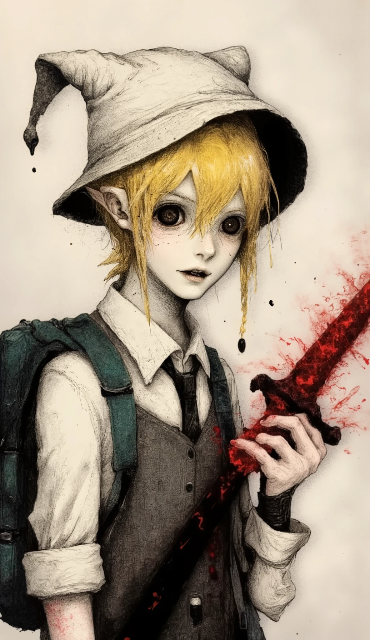 young male, creepy visual style, black eyes, medium large and dark eyes, yellow hair color, blonde, white hat with small white ears, dark green backpack, disturbing face, 20 years old, in his right hand he has a blood sword ( (crimson red)) that radiates dark red energies.