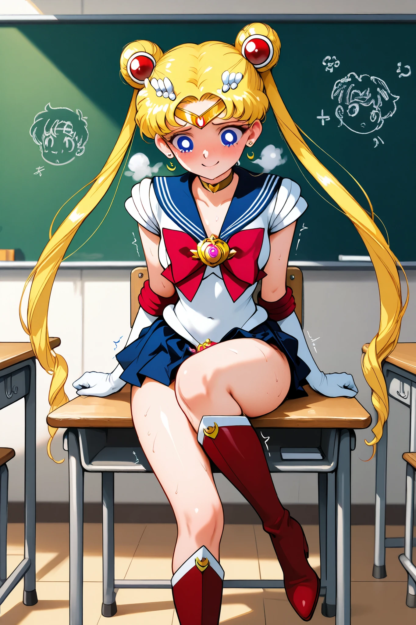 sailormoon,best quality,ultra-detailed,1 female,solo,low kick,sitting on the floor with her knees open,
double bun,blonde hair,twintails,circlet,earrings,choker,bow,gloves,sailor suits,navy blue miniskirt,white panty,very embarrassed,relaxed posture,elbows extended,standing,red thigh-high boots(1.3),
beautiful legs,very thin thighs,thin calves,beautiful face,Baby Face,pretty,beautiful skin,medium breast,Big round eyes,butt close-up (1.3),Short limbs,Slim waist,smile,puzzle,water,Sweaty,sweat,White Breath,Tearful eyes,incontinence,Euphoria,lies down,I can see her panties,anatomically correct,I love you,my whole body is shaking
highest quality,masterpiece,high definition,anime,indoor,school,classroom,desk,chair,chalkboard