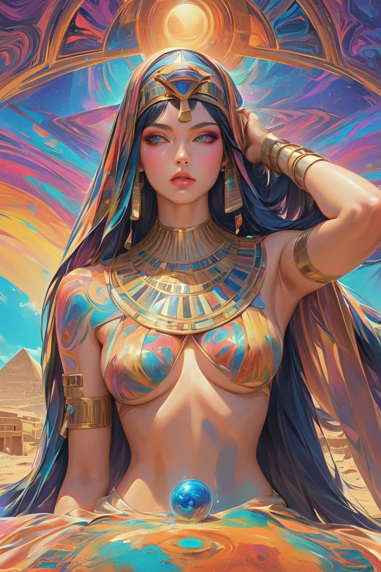(((Ultra detailed, beautiful face, Megapixel))) An alluring and seductive Egyptian priestess, entombed as a mummy, rises from her sarcophagus. Her face, veiled with a delicate golden shroud, exudes an air of mystery, as her ((intense, piercing eyes)) seem to hold the secrets of the pyramids. Her ((long, flowing auburn hair)), adorned with beads and gemstones, cascades over her slender figure, partially visible through the carefully wrapped linen bandages. The bandages, intricately adorned with shimmering metallic accents and turquoise embellishments, add an opulent touch to her mummified attire. She moves with grace and sensuality on her hands and feet, reenacting ancient rituals that once connected the living with the divine. The pyramid chamber background sets the scene with its dimly lit ambiance, the walls adorned with intricate frescoes depicting scenes of Egyptian mythology and the afterlife. Hieroglyphics etched into the stone tell tales of ancient gods and the mysteries of the universe, enveloping the priestess in an aura of sacred power.