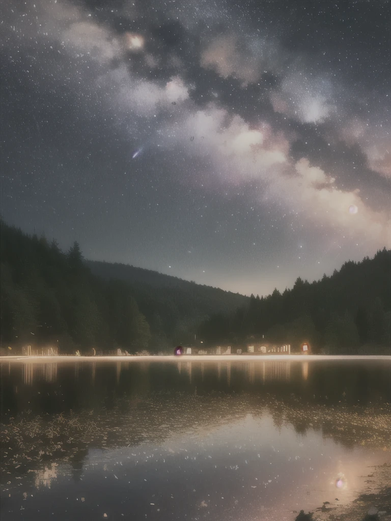 arafed image of a lake with a lot of water and a lot of stars, during a meteor storm, meteor shower, stars reflecting on the water, golden meteors, raining at night, fireflies!!!!, meteors falling, star rain, dark glowing rain, magical sparkling lake, fireflies!!, swarm of fireflies, fire flies