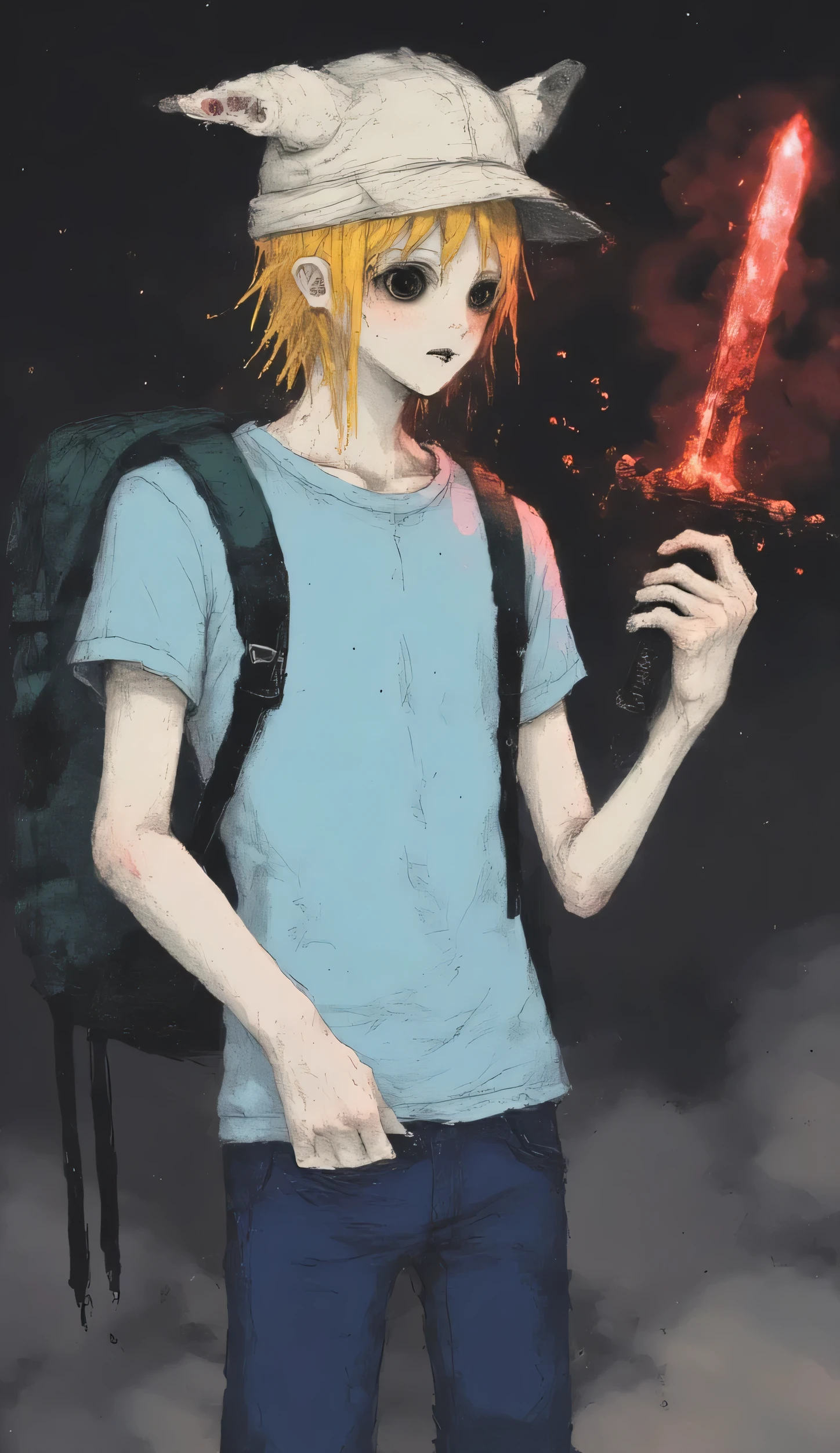 young male, light blue t-shirt, dark blue pants, creepy visual style, black eyes, medium large and dark eyes, yellow hair color, blonde, (white hat with small white ears), dark green backpack, disturbing face, 20 years old, In his right hand he has a blood sword ((crimson red)) that radiates dark red energy.