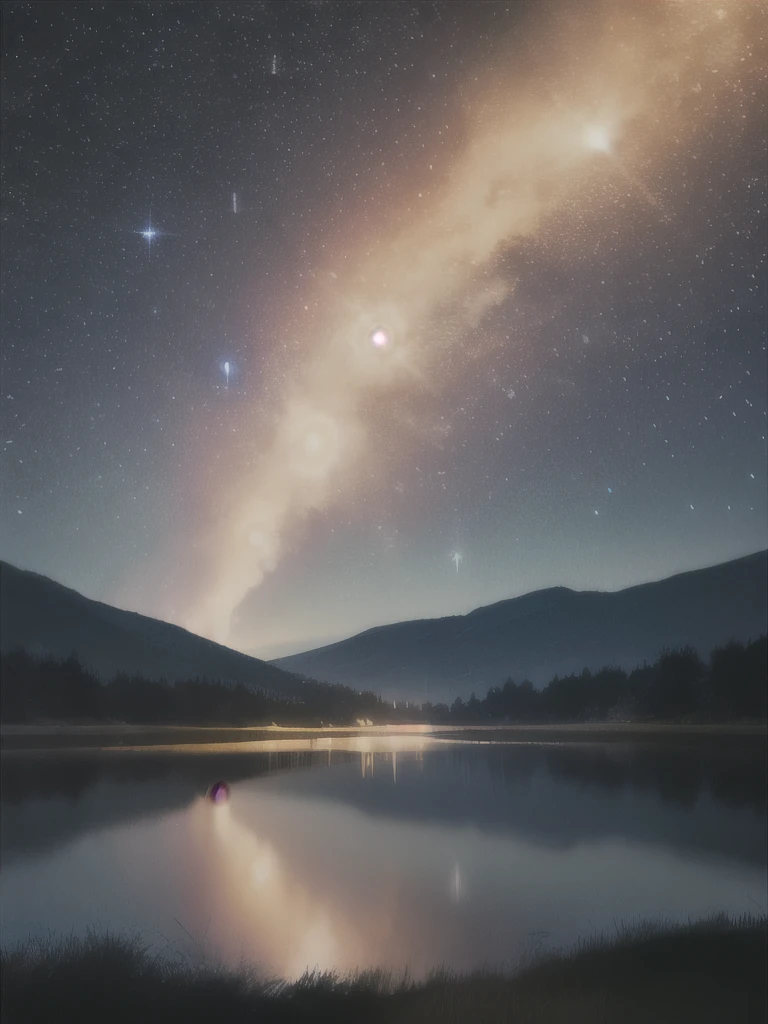 arafed image of a lake with a lot of water and a lot of stars, a matte painting by Jon Coffelt, flickr, conceptual art, during a meteor storm, meteor shower, stars reflecting on the water, golden meteors, raining at night, fireflies!!!!, meteors falling, star rain, dark glowing rain, magical sparkling lake