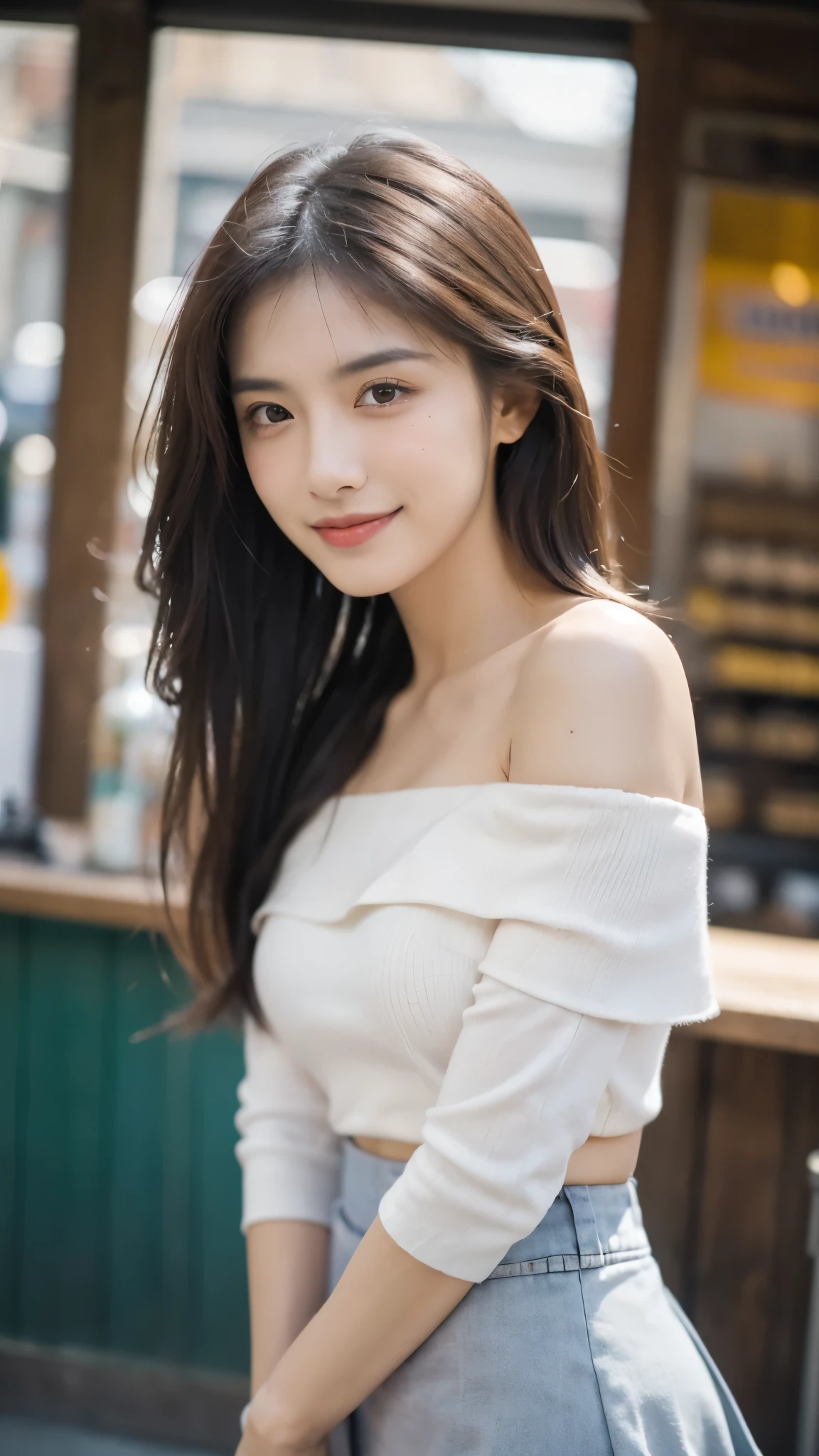 A perfect young female white-collar worker,Chinese,High picture quality,Works of masters,Black hair,Long hair flowing over the shoulders,cropped shoulders,clavicle,exquisite face,Hydrated red lips,,Real Human,( shopping mall background:1.5),CG rendering,16k, Blurred background, (full body shot), Shooting from a distance,eyes look straight into the lens, smiles, Very detailed, wallpaper, depth of field, movie light, lens flare, Ray tracing, live stre , smiles, Do not show your hands,Close-up shot