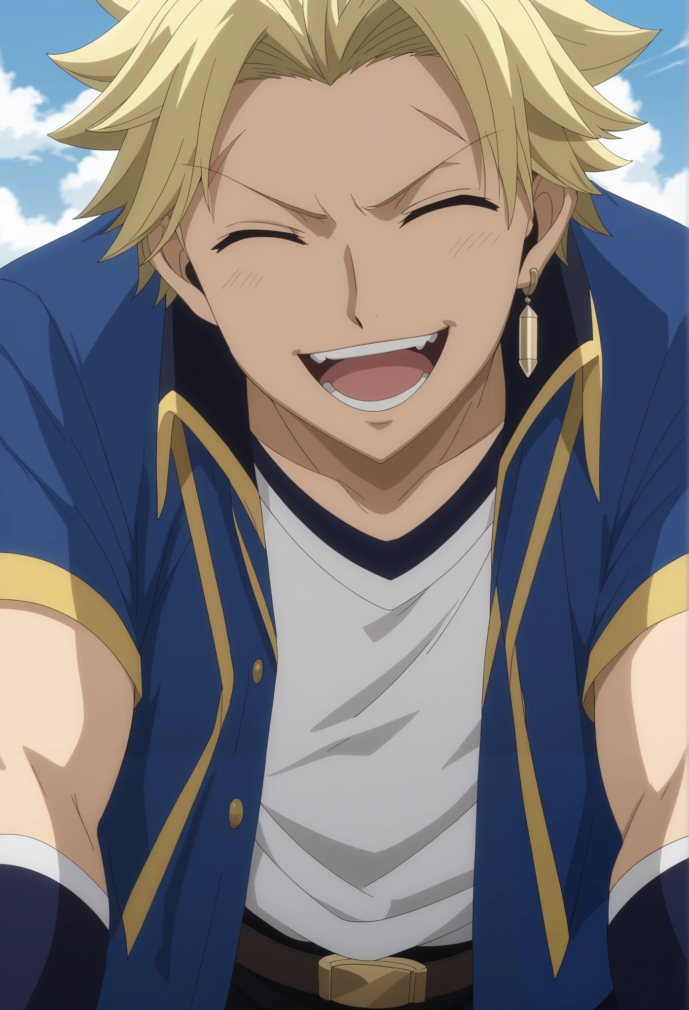 front view, Frontal portrait, Medium close-up, looking at viewer, score_9, score_8_up, score_7_up, source_anime, StingFT, Sting blonde hair, light yellow Sting, 1boy, male focus, anime screencap, a blue men's jacket with gold or yellow details, which fits his athletic figure. Underneath, he wears a black long- or short-sleeved T-shirt. His pants are dark and tight fitting, and he completes the look with white fingerless gloves that add a modern touch. He also usually wears a belt with a decorative buckle. perfect skin, happy, smile, smiling, closed eyes, open mouth, front view, frontal portrait, close-up, looking at viewer, sky background with soft shadows, soft blue lighting highlighting his features, high-quality anime details, vivid colors