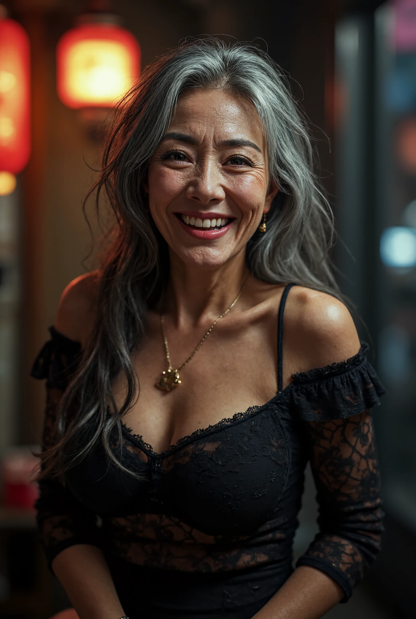 Detail Tweaker LoRA、 Photorealistic、 full body image 、Japanese 50-year-old charismatic old woman prostitute、Wedding Rings、Happy Smile、 small wrinkles and freckles and moles on the skin 、Damaged long gray hair 、Petite and with a poor body、Beautiful Prostitute Outfit 、Super High Class Brothel at Night