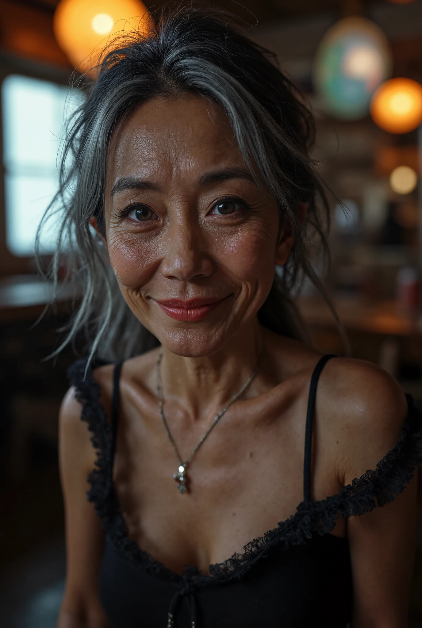 Detail Tweaker LoRA、 Photorealistic、 full body image 、Japanese 50-year-old charismatic old woman prostitute、Wedding Rings、Happy Smile、 small wrinkles and freckles and moles on the skin 、Damaged long gray hair 、Petite and with a poor body、Beautiful Prostitute Outfit 、Super High Class Brothel at Night