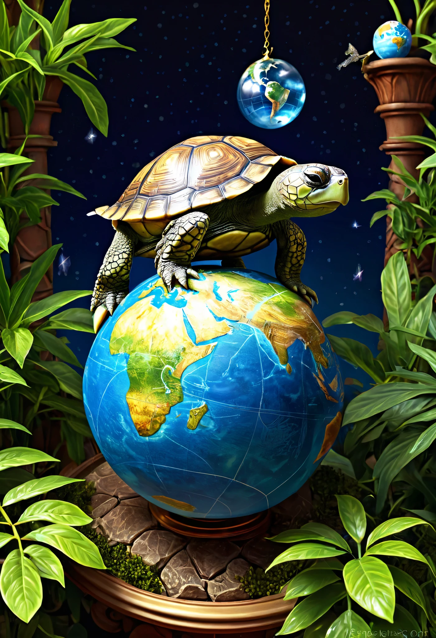 There is a turtle sitting on a plant with a globe in the background, A turtle carrying the world , Isometric 3D Fantasy Turtle, Highly Detailed Digital Art , Kerem Couplet, very detailed illustration, Highly Detailed Digital Art , Highly Detailed Digital Art work, highly detailed digital painting , High Definition Digital Art , Ultra-detailed digital art, Kelenbeit
