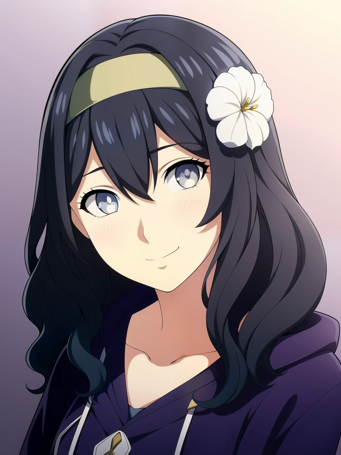 (high-quality, breathtaking),(expressive eyes, perfect face) 1girl, female, solo, black hair, medium hair length, brown blue eyes, cute smile, positive expresion, black background, portrait, symmetrical eyes, pale skin, sickly, hair between eyes, dress, jacket, firefly, grey background, wavy curly hair, gradient hair, modern clothing, headband, hair accessory, purple hoodie, flower in hair