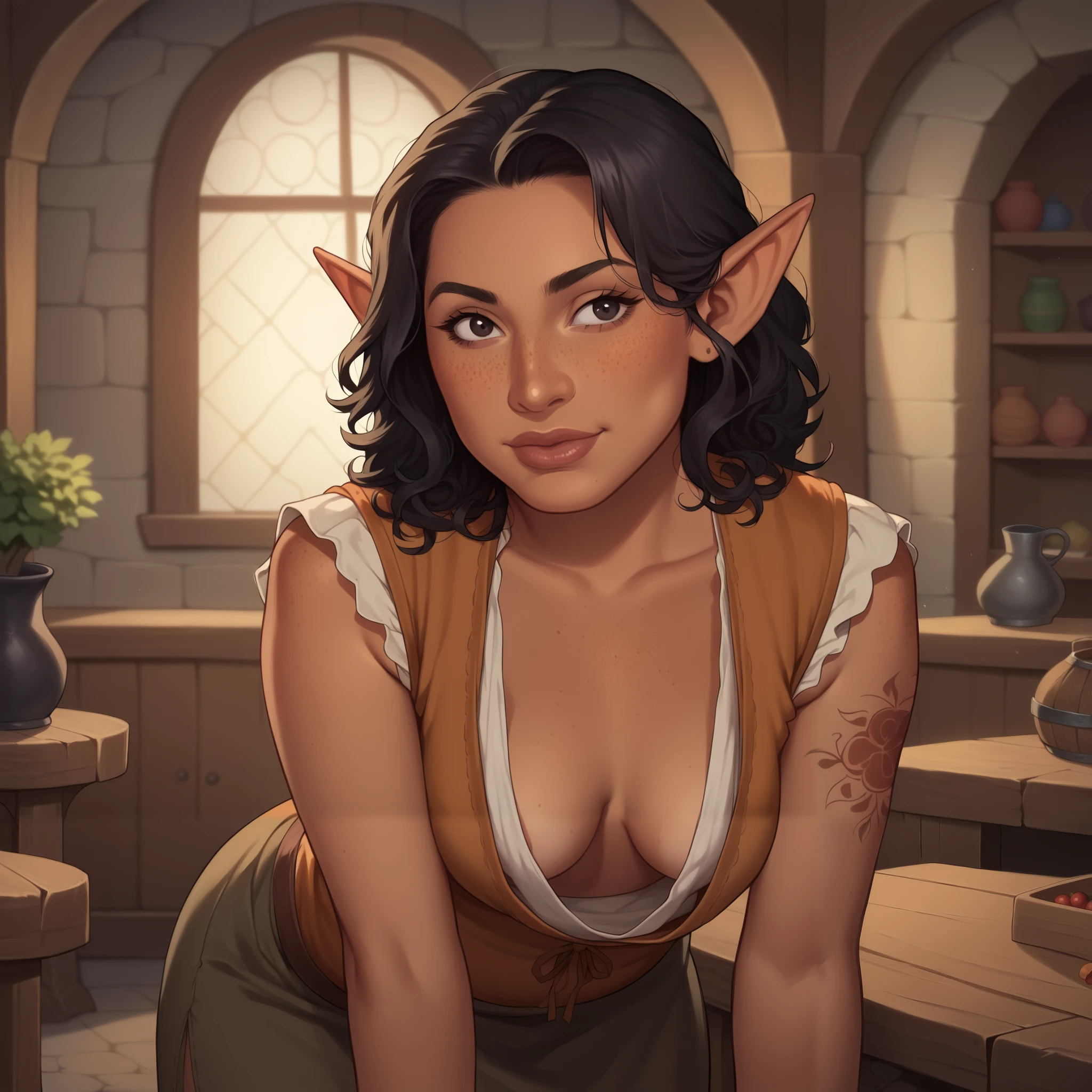 (((beautiful, high quality, comics style, detailed face))), score_9, score_8_up, score_7_up, masterpiece, best quality, unrealistically high details, extremely high quality, ultra high detail, good anatomy, rating_explicit, perfect anatomy, anatomically correct hands:1.5, Detailed, DeepNegative_xl_v1, detailxl, zPDXL3, Score_PnyReal BREAK 1woman, 36-year-old, mature latina, SOLO, short pointed ears, long curly black hair, perfect face, perfect dark eyes, (high cheek bones: 1.0), ((has tanned skin:1.3)), sexy body, curvy, (plump: 1.0), freckles, small perky breasts, loose mage robes, extended downblouse, bent over, vest, arm tattoos, a druid, fantasy tavern, blurred background