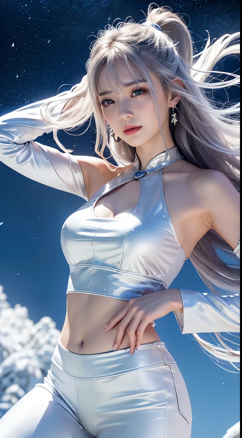 **Prompt:** Create an ultra-realistic 8K image of Tsukuyomi, the Japanese moon god, reimagined as the ultimate idol while retaining the deity's iconic features. Tsukuyomi is depicted with a captivating, ethereal beauty, her pale, moonlit skin glowing softly under the spotlight. Her long, silver hair flows in silky waves, adorned with tiny, twinkling stars and shimmering silver highlights that catch the light with every movement.
She is dressed in a stunning idol outfit that combines celestial elegance with modern pop star flair. The outfit features a short, sparkling dress in shades of deep midnight blue and silver, with intricate moon and star motifs. The dress is accentuated by a flowing, starry cape that flutters behind her as she performs. Her eyes, large and reflective, capture the mystery of the moon, exuding a mesmerizing charm that draws the audience in.
Tsukuyomi’s accessories include a silver microphone encrusted with tiny gems that resemble stardust, and a crescent moon headpiece that adds to her otherworldly allure. Her pose is dynamic and confident, capturing the energy of a live performance, with a dazzling smile that lights up the stage.
The background features a vibrant concert stage bathed in soft, moonlit hues, with a cheering crowd in the distance. The atmosphere is electric, as Tsukuyomi’s presence commands the attention of everyone, embodying the perfect blend of divine beauty and idol charisma.
This image captures Tsukuyomi as the ultimate idol, seamlessly merging her celestial origins with the captivating energy of a modern pop star.