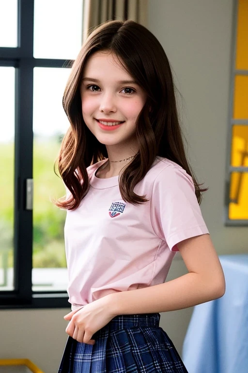 mbb, Millie Bobby Brown , teenage girl , RAW photo, close, (yo skinny girl ), high school girl , (( Body )), lieenager, dimples on the cheeks , happy smiling, beautiful smile , masterpiece , rostro beautiful, blush, graphic eyeliner , rouge, ( lipstick:0.6), (choker:0.9), Realistic skin texture , (red:0.8), suave, warm lighting , cozy atmosphere, instagram style, , delgado, beautiful, beautiful, pale skin, the girl does a dance pose in her room she looks happy, wears a school uniform , school skirt, school t-shirt, s, slim, Slender girl, piernas slims, adolescente slim, three-quarter plane , high heels , Maximum detail, Body pequeño, teenage girl de s, high school girl , HD, 4k, top quality, Maximum detail, schoolgirl, girl in school uniform,