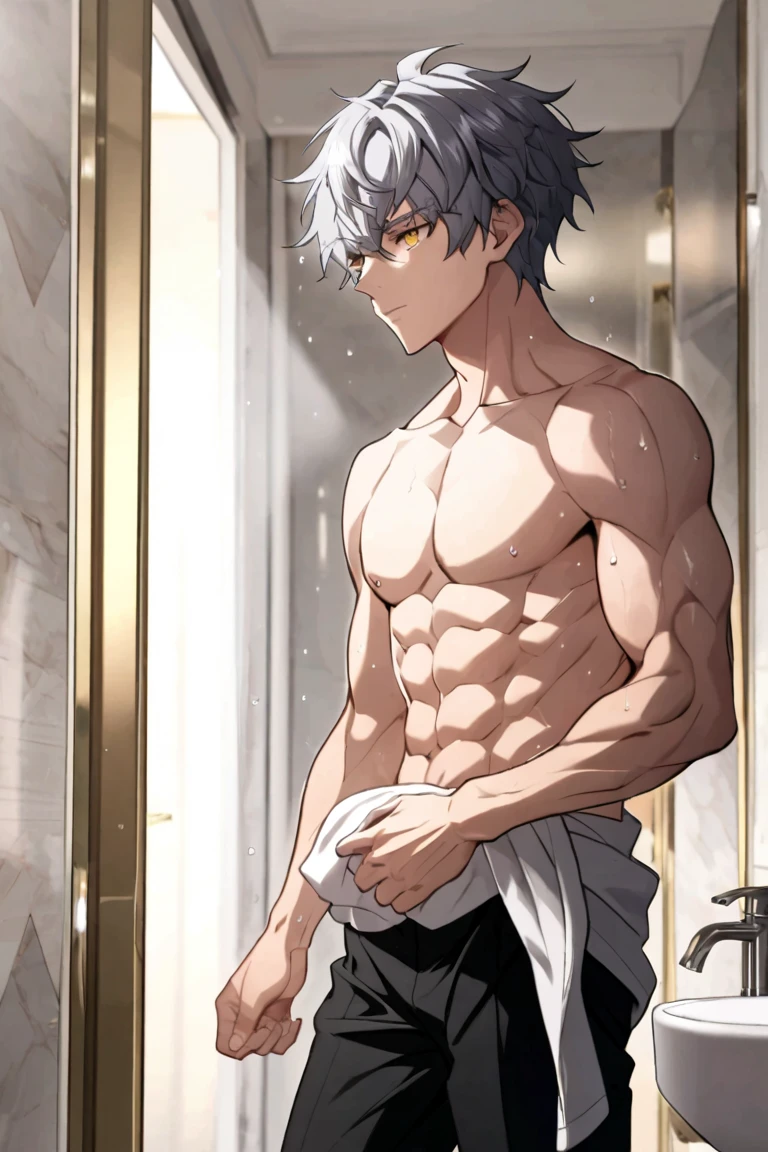 1boy, adult, handsome, perfect face, detailed eyes and face, clean shaved, muscular, capturing a rural atmosphere, dynamic lighting, unreal engine 5, hd picture, satoru gojo, white hair, short hair ,hair between eyes ,blue eyes, white skin, milk nipple details, pink nipple