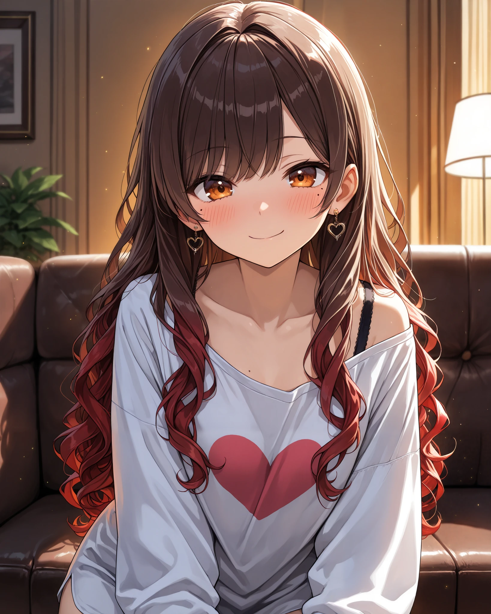 abstract, A mischievel smile, very cute face, cute girl, solo, long hair, wavy hair, ((brown hair with red ends)), orange eyes, Mole under the eye, flat breasts, oversized shirt, long sleeves, heart print shirt, bra strap, heart Pierced earrings, blush, flawless smooth skin, looking at viewer, living, couch, indoors, particles, fractal, (best quality,4k,8k,highres,masterpiece:1.2),ultra-detailed,intricate details, high fashion, dramatic lighting, warm colors, chiaroscuro