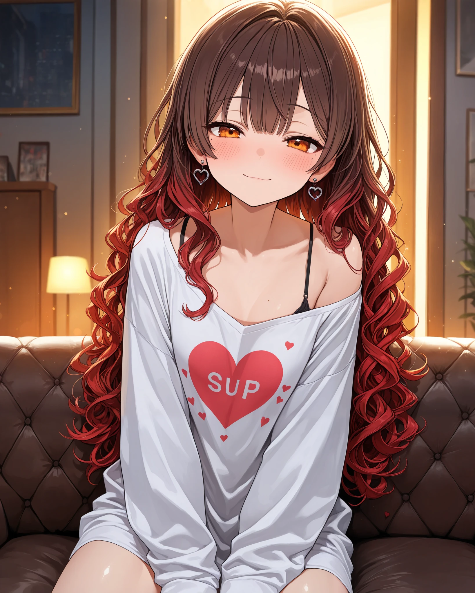 abstract, mischievel smile, half closed eyes, very cute face, cute girl, solo, long hair, wavy hair, ((brown hair with red ends)), orange eyes, Mole under the left eye, flat breasts, oversized shirt, long sleeves, heart print shirt, bra strap, heart Pierced earrings, blush, flawless smooth skin, looking at viewer, living, couch, indoors, particles, fractal, (best quality,4k,8k,highres,masterpiece:1.2),ultra-detailed,intricate details, high fashion, dramatic lighting, warm colors, chiaroscuro