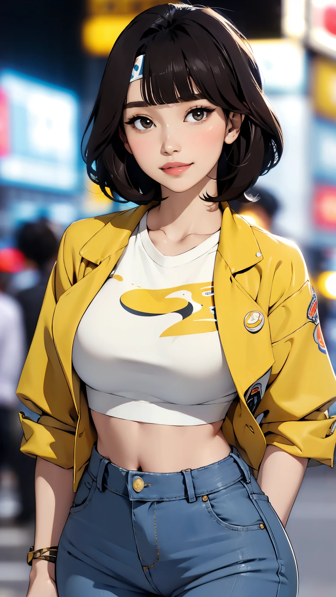 (masterpiece, best quality), beautiful woman, cute printed cropped shirt, jacket, jeans, short wavy hair, headband, asymmetrical bangs, perfect face, beautiful face, alluring, big gorgeous eyes, soft smile, perfect slim fit body, city streets, seoul, bright colors