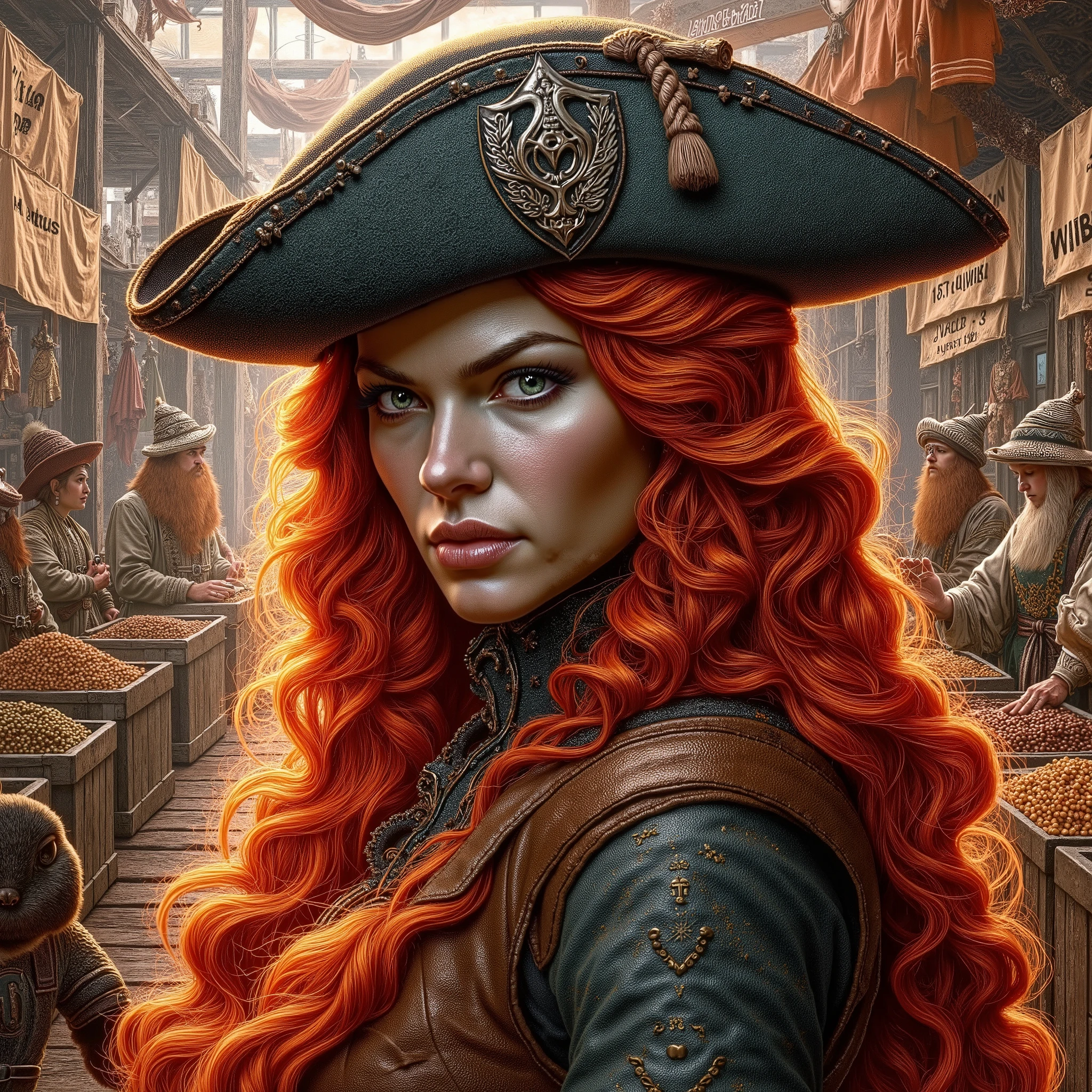 The fierce and devious beautiful fiery red haired European woman, with VOC emblem on her hat, she is the Thug wearing VOC costume at the nutmeg market in the year of 1600s, insanely detailed and intricate scene details and other objects, award winning masterpiece hyper realistic illustration, Don Lawrence style, trending on artstation