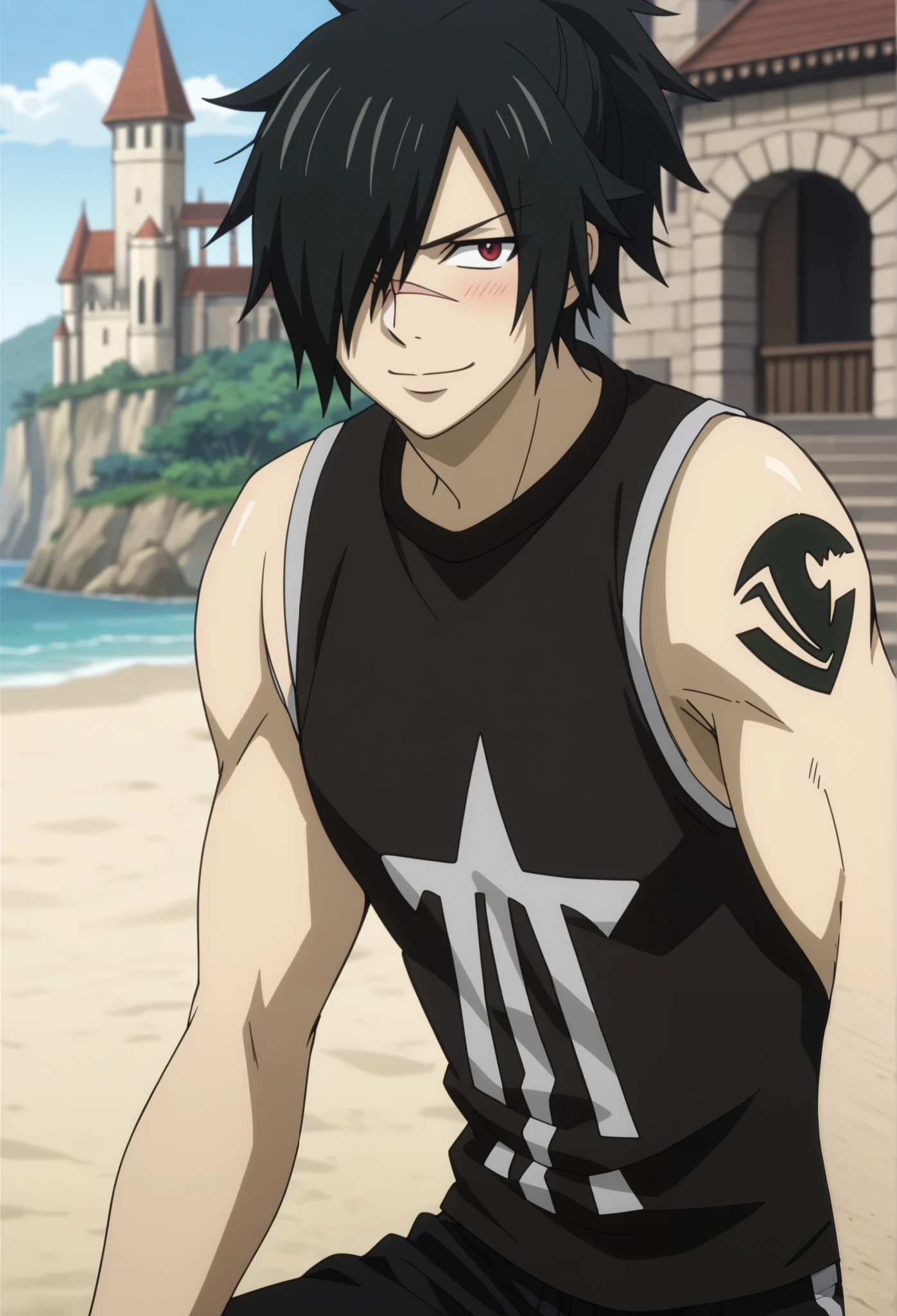 score_9, score_8_up, score_7_up, intricate details, anime screencap, depth of field, 1boy, solo, male focus, rogue_cheney, ponytail, black hair, red eyes,, hair over one eye, scar, beach, ((black men's shorts, sleeveless t-shirt, closed mouth smile, blush)) building a sand castle, detailed face, official style