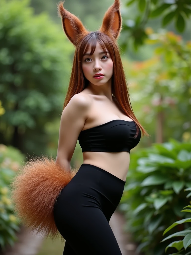 ((highest quality, 32k)), ((masterpiece)), (Familiar), Perfect Face, Fox woman, Beautiful woman, public, Has a tail, She has a fluffy tail, She has a red fox's tail., She wags her tail, smile, bell collar, She wears a skirt, Beautiful Hips, Big Breasts, Big tail, A tail sticks out from under the skirt, Turn around on all fours