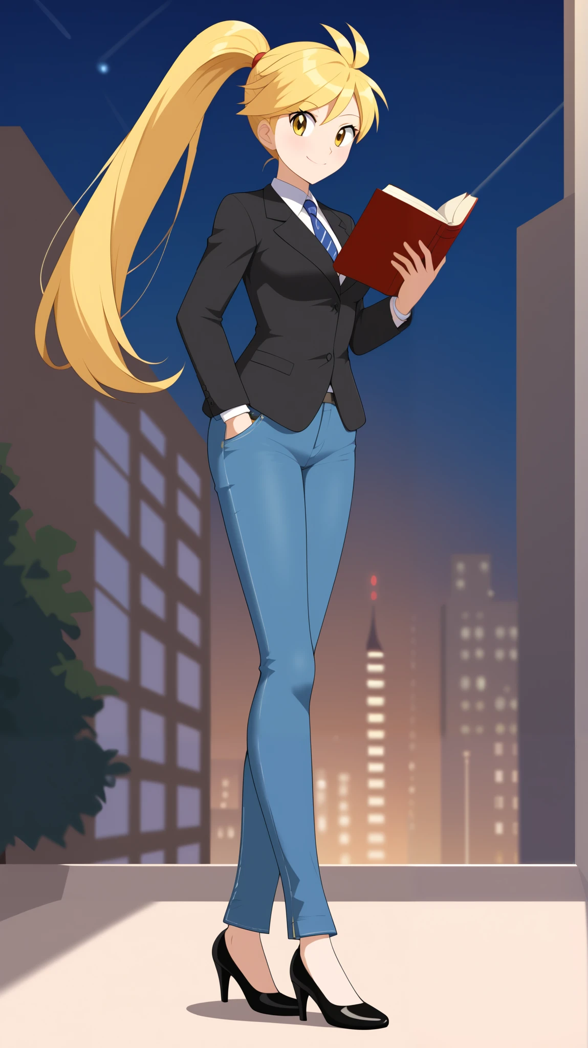 (( best quality )), ((masterpiece)), (( Details)),  1girl , Two legs, two arms,  golden hair color,  ponytail,  long hair,  yellow eyes,  career woman,  business suit, jeans suit ,  black high heels ,  tall,  Anime Coloring Book,  watch viewers, 1 Female, ,  standing, whole body,  lower back holding a book,  slim figure,  sexy smile,  Seductive Smile , City, (\Pokémon\),  score_9,  score_8_Excellent,  score_7_Excellent,  score_6_Excellent,  source_Anime,  cell shading,  flat color , vector,
