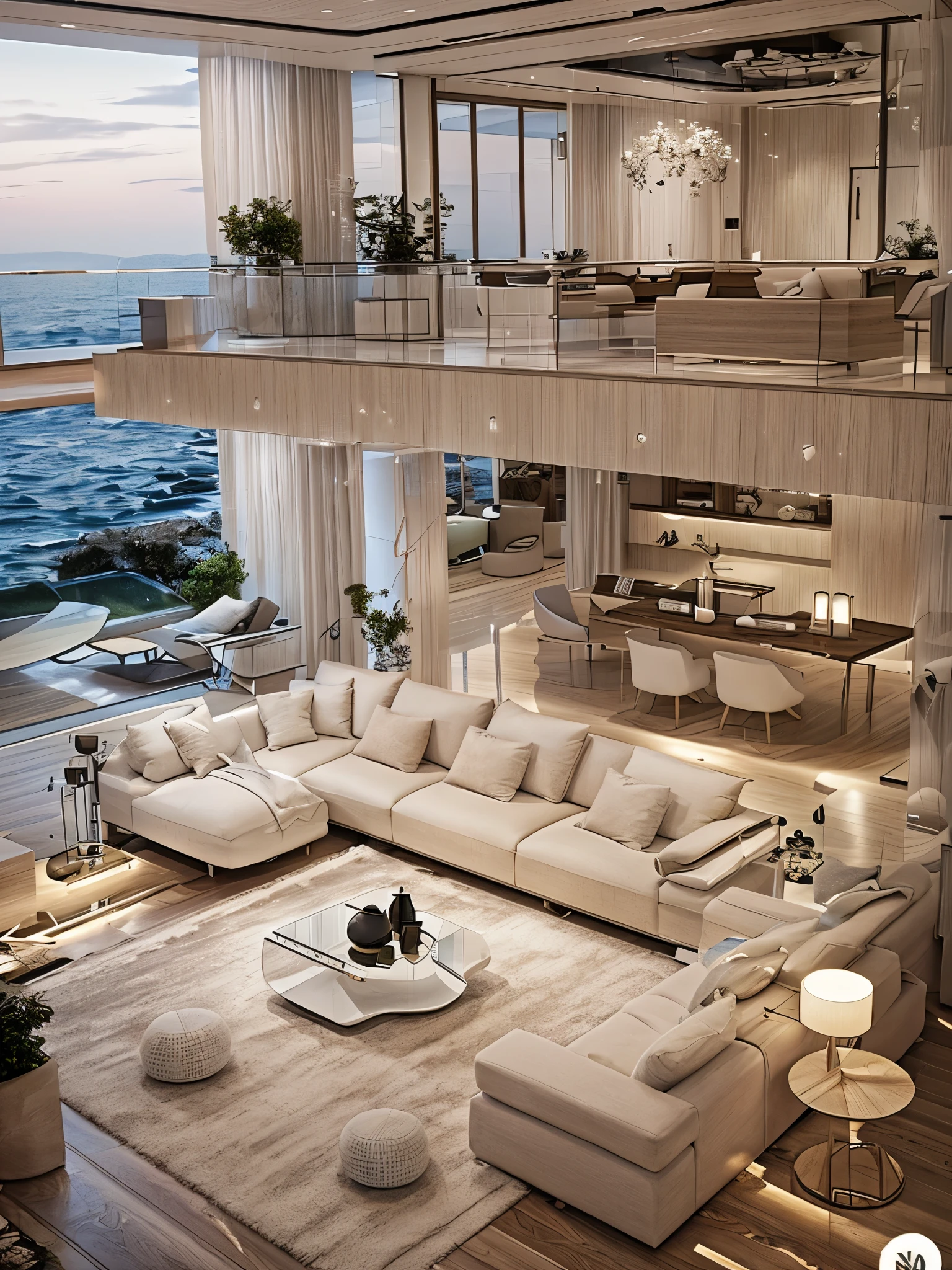 Arafed view of a living room with a large couch and a table - SeaArt AI
