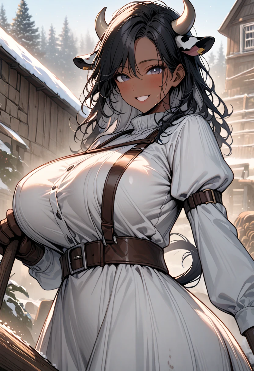 Best quality, solo mature woman, giant breasts, giant ass, very curvy, dark skin, dyed long bouncy curly hair, white eyes, full lips, seductive, smiling, furry puffer jacket, fluffy mini skirt, white stockings, thick thighs, curvy physique