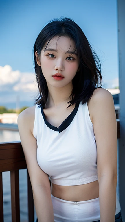 (((best quality))),(((ultra detailed))),(((masterpiece))),illustration,((1girl,naval officer,solo)),(short ponytail:1.2),((slim,thin)),((small breasts,flat chest)),(blue and white horizontal-striped short-sleeved shirt:1.3),(navy blue pleated skirt:1.2),vibrant colors,ocean background,(on the warship:1.3),majestic,turquoise waves,sun reflection,white clouds,sky,brilliant shade of blue,confident posture,gaze fixed on horizon,wind,gently blows hair,stray strands,flutter in breeze,adventure,excitement,unknown waters,beauty,strength,determination,female power,resilience,striking looks,powerful setting,sea,captivating,inspiring image,viewer,drawn to presence,challenging environment,military service,bravery,dedication,((from front,upper body))