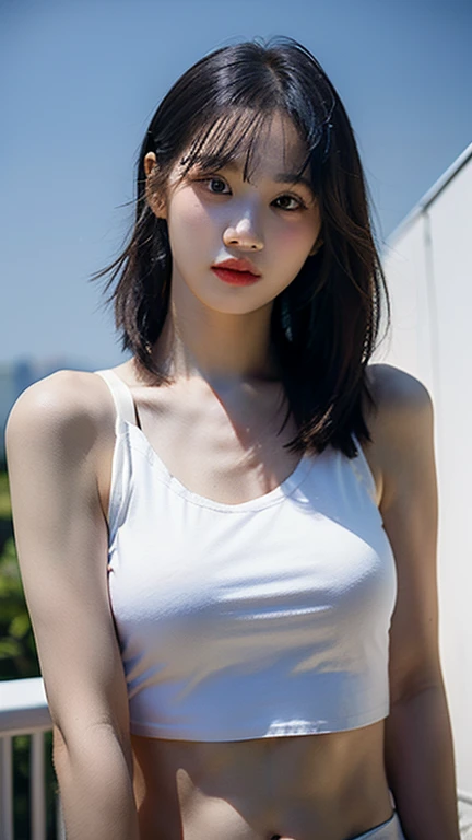 (masterpiece, best quality), super detailed, realistic, black eyes, body slim, straight hair, ((hair color : white)), , tanktop, ((POV : looking at camera)), daylight, beautiful sky.